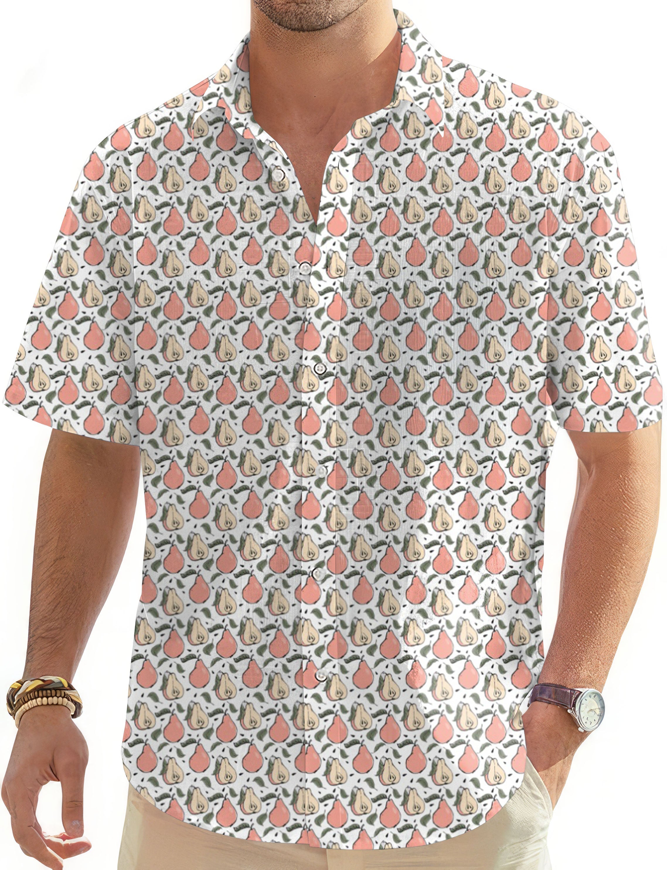 Pears Funny-Men's Hawaiian button-down golf shirt with pear pattern and short sleeves