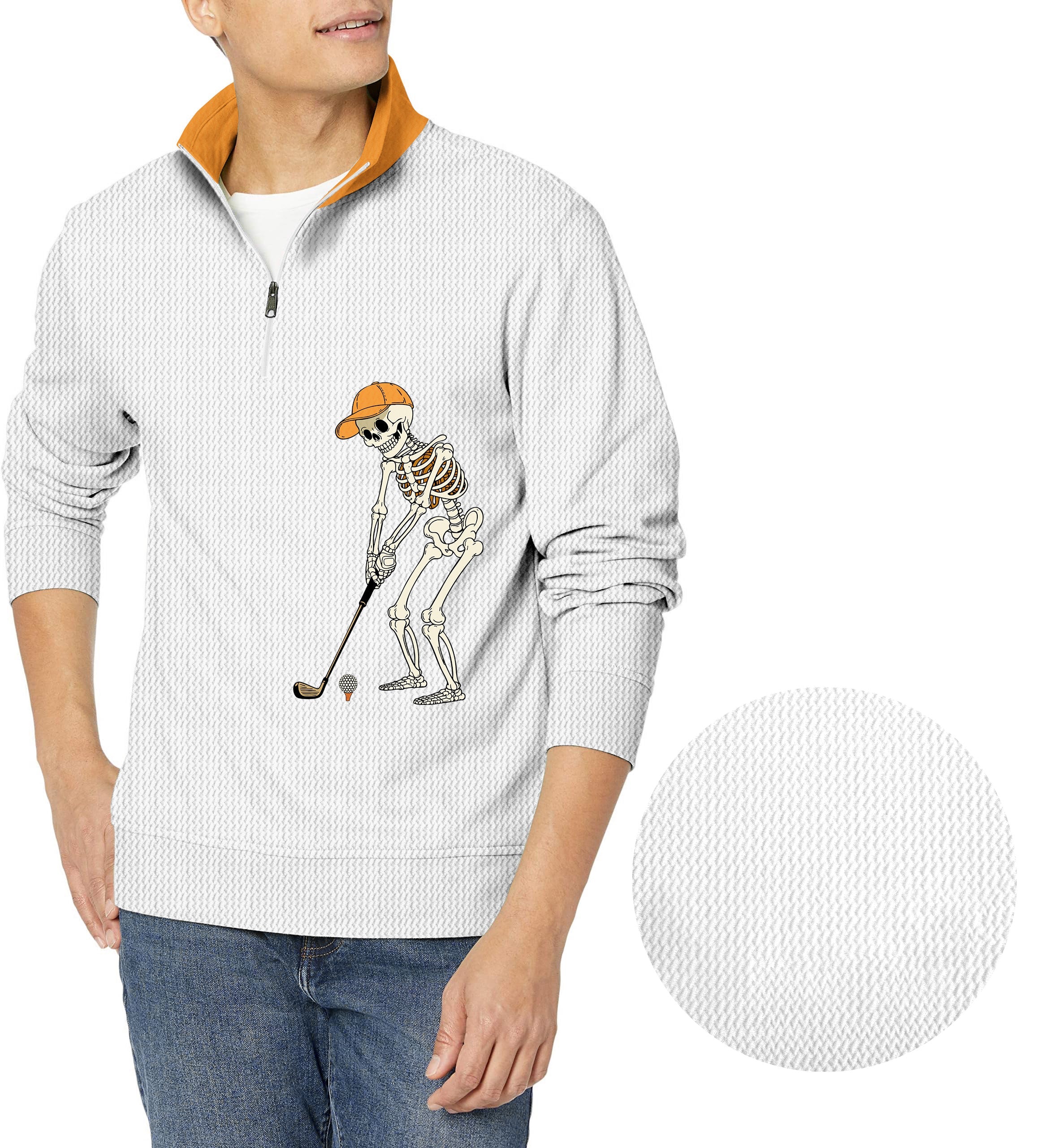 Men's white waffle pullover with pumpkin and skeleton Halloween golf design