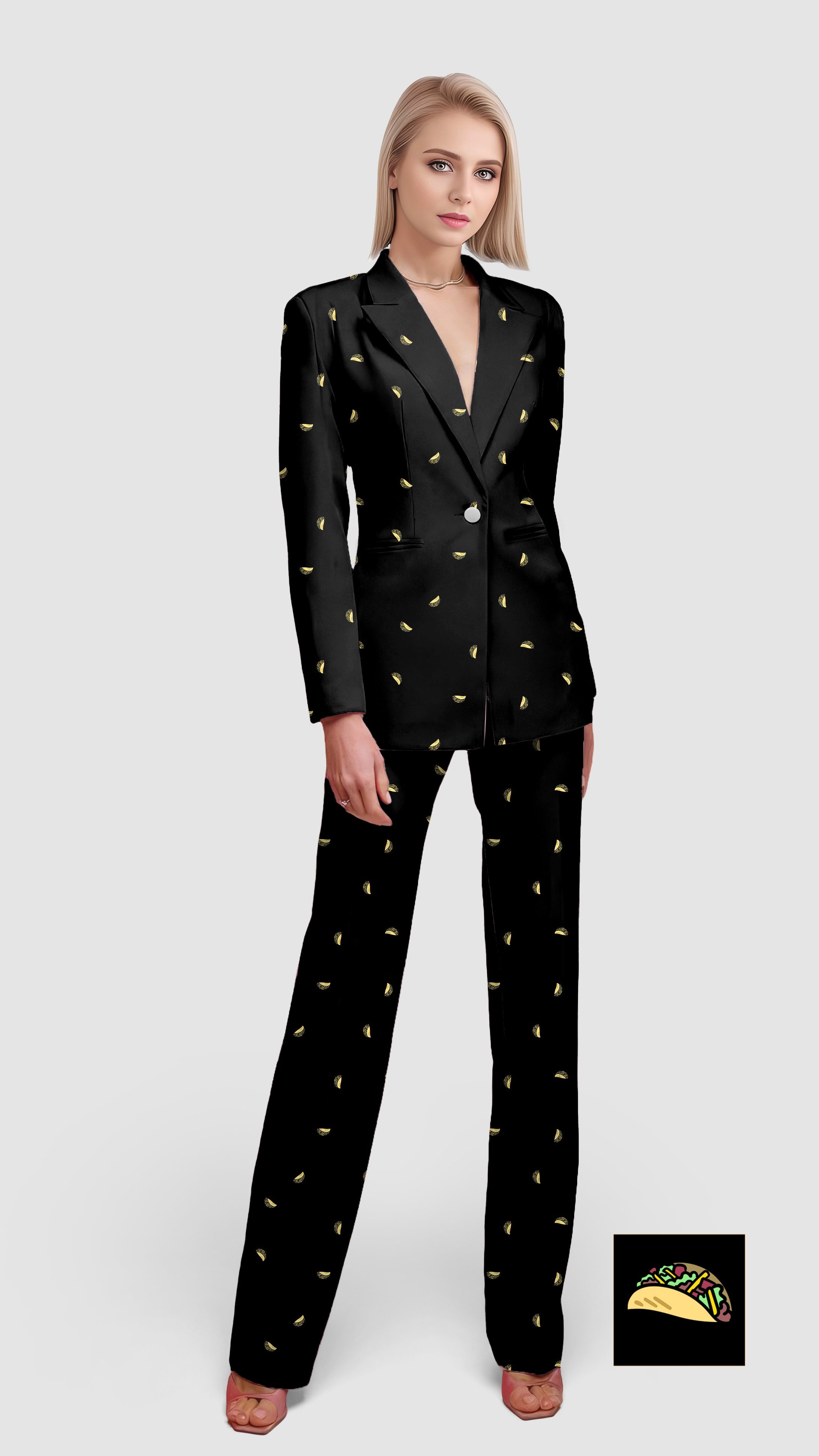 Women's casual black blazer suit set with yellow taco print, single button, lapel collar, and flap pockets, styled for office and street wear.
