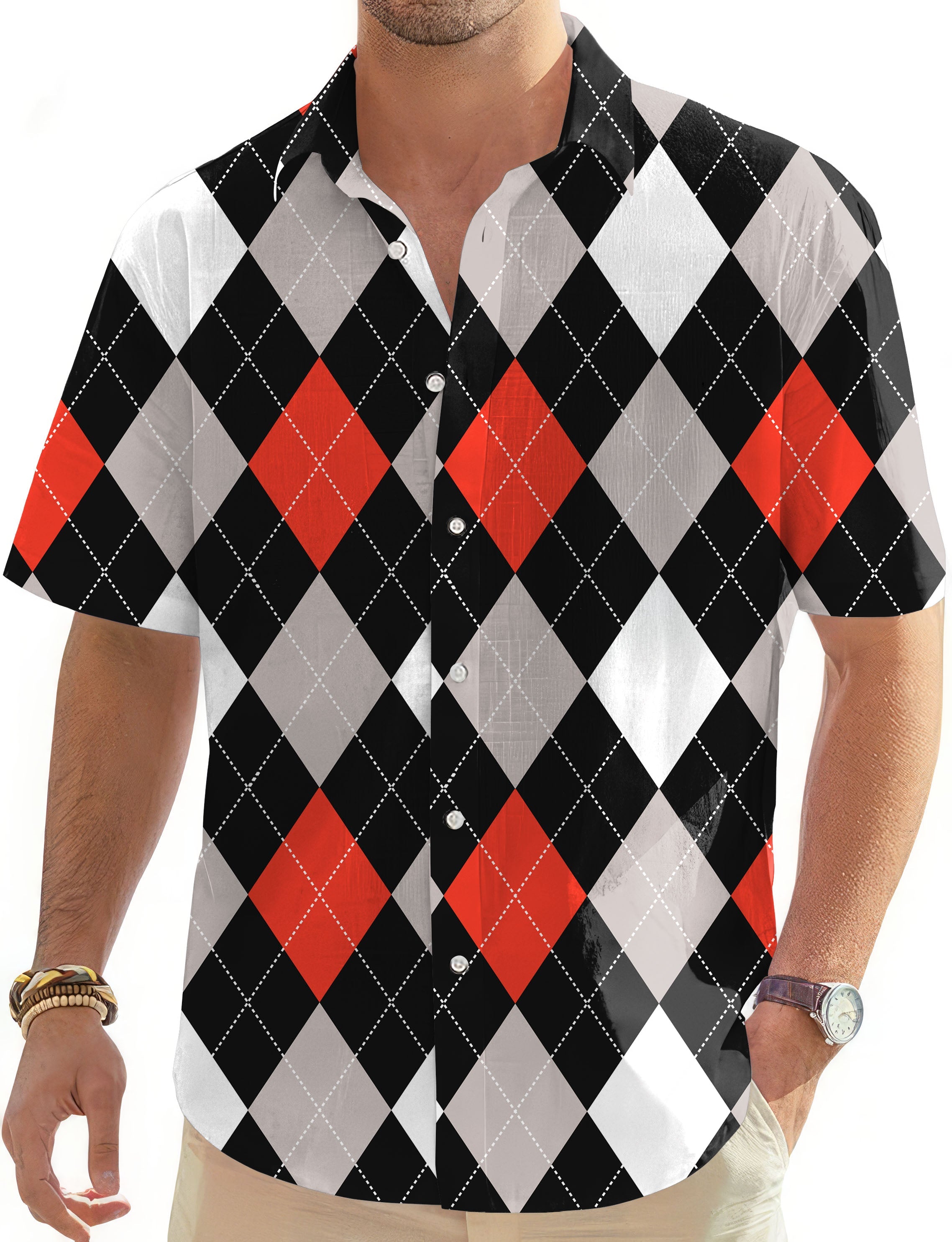 Men's Golf Hawaiian shirt with argyle red and black button-down design on short sleeves