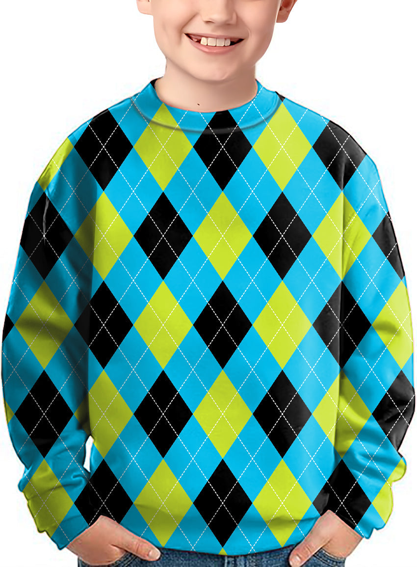 Halloween black green blue white argyle crewneck pullover kids ugly sweater