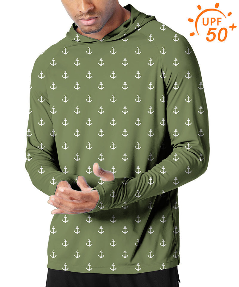 Men's outdoor olive green anchor print slim fit golf sun protection hoodie with UPF 50+ UV protection