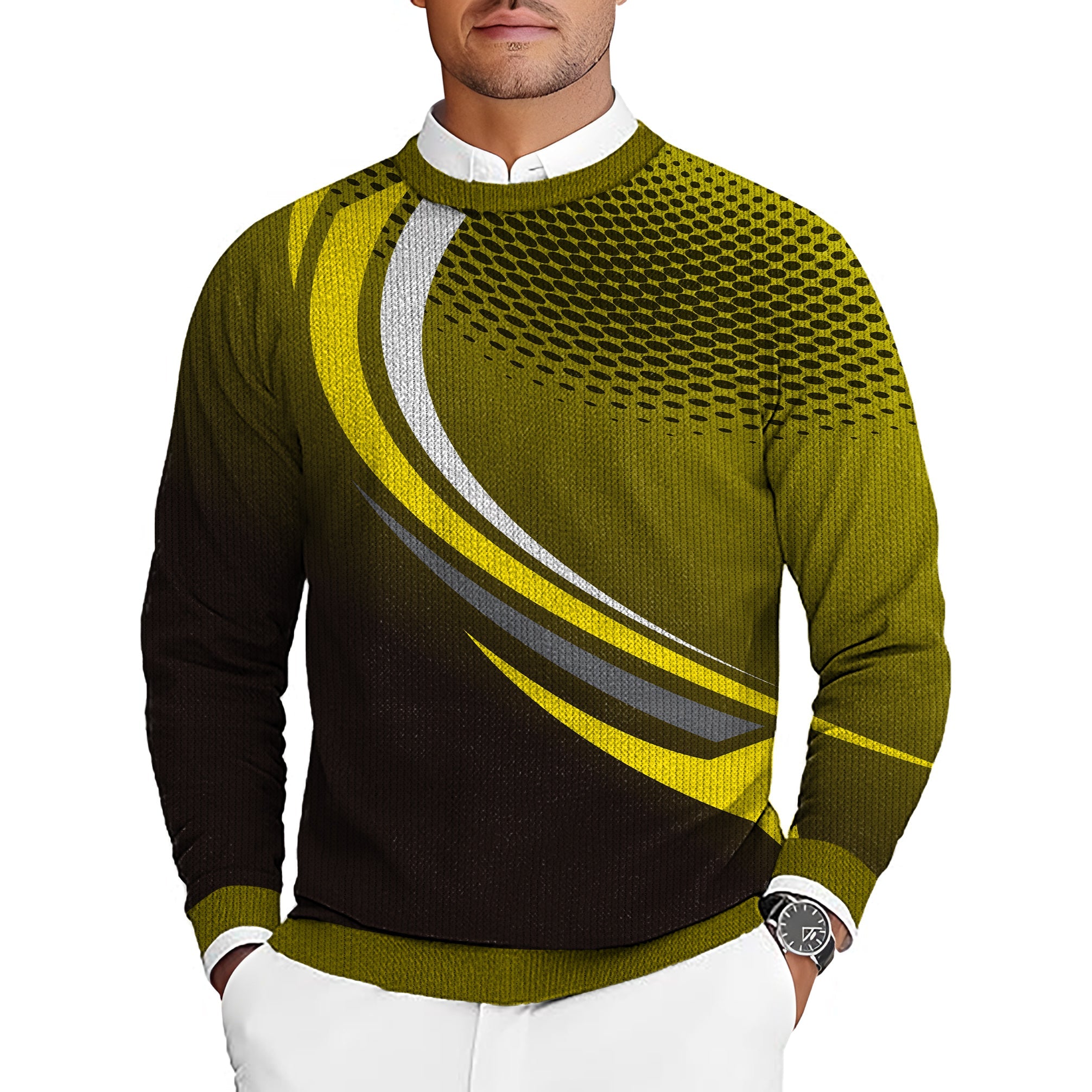 Yellow black custom sport golf crewneck pullover sweater for men