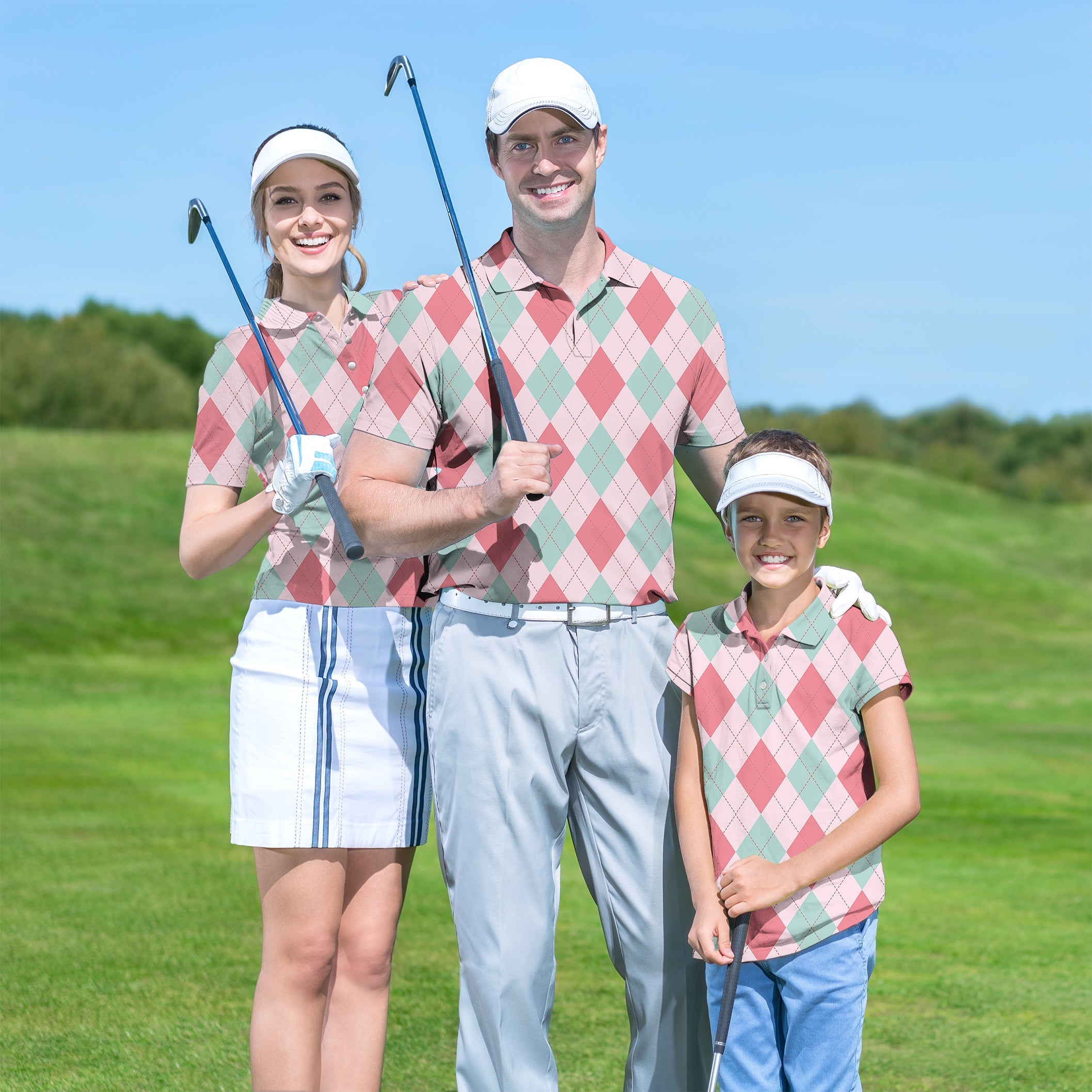 Family wearing matching pink Argyle golf shirts on course during tournament