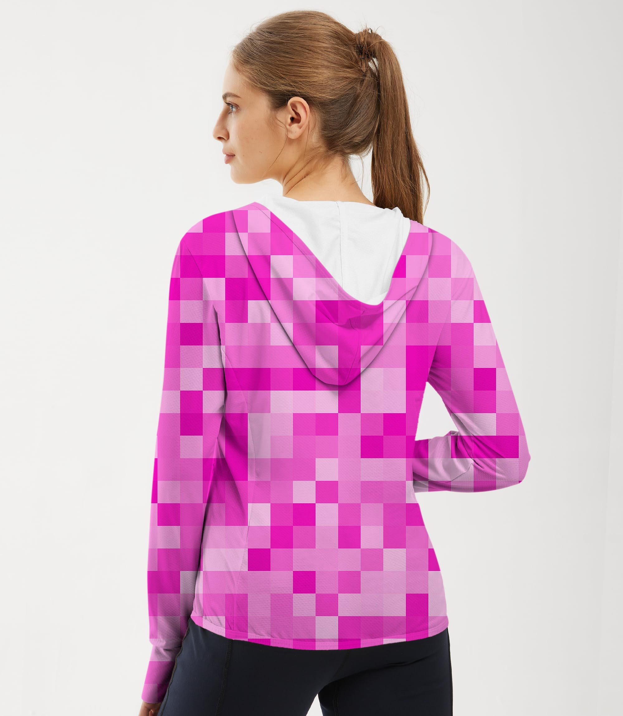 Women's outdoor rose red pixel pattern slim fit golf sun protection hoodie with thumb holes and UPF 50+ fabric