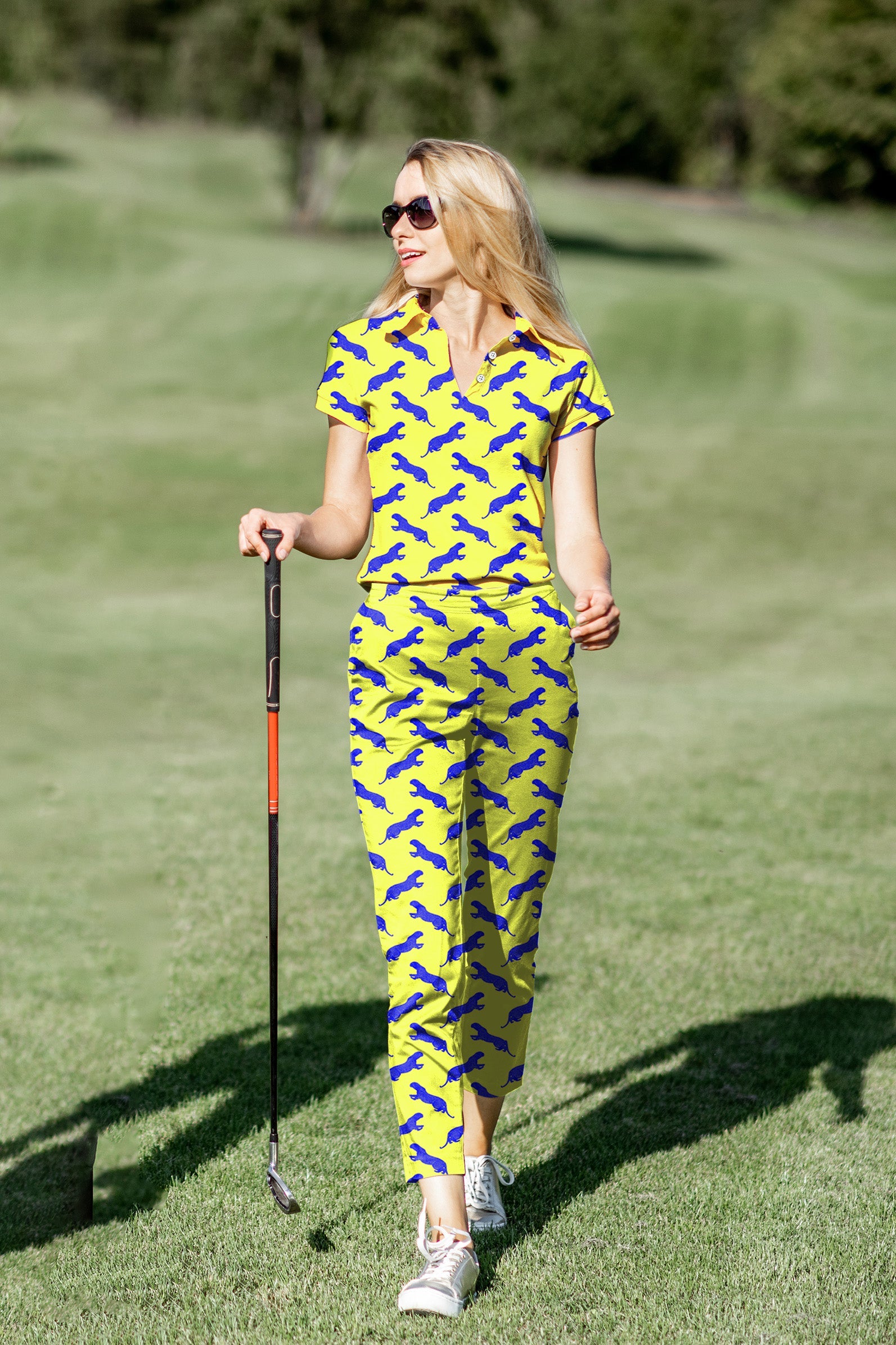 Women's golf polo and pants set blue leopard pattern comfortable stretchy moisture-wicking fabric with UPF 40+ protection