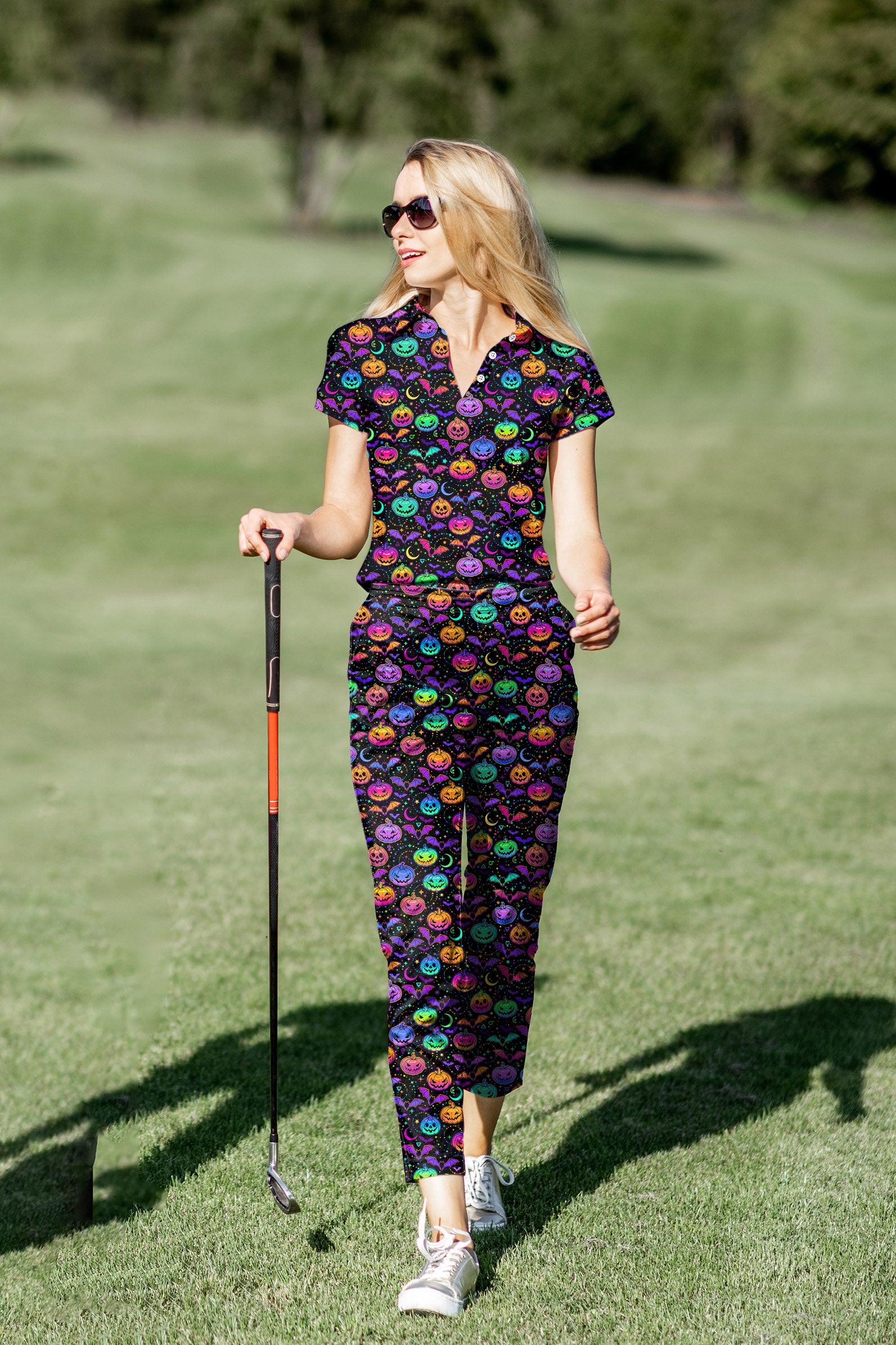 Women's Golf Polo+Pants Set Neon Halloween Pumpkin