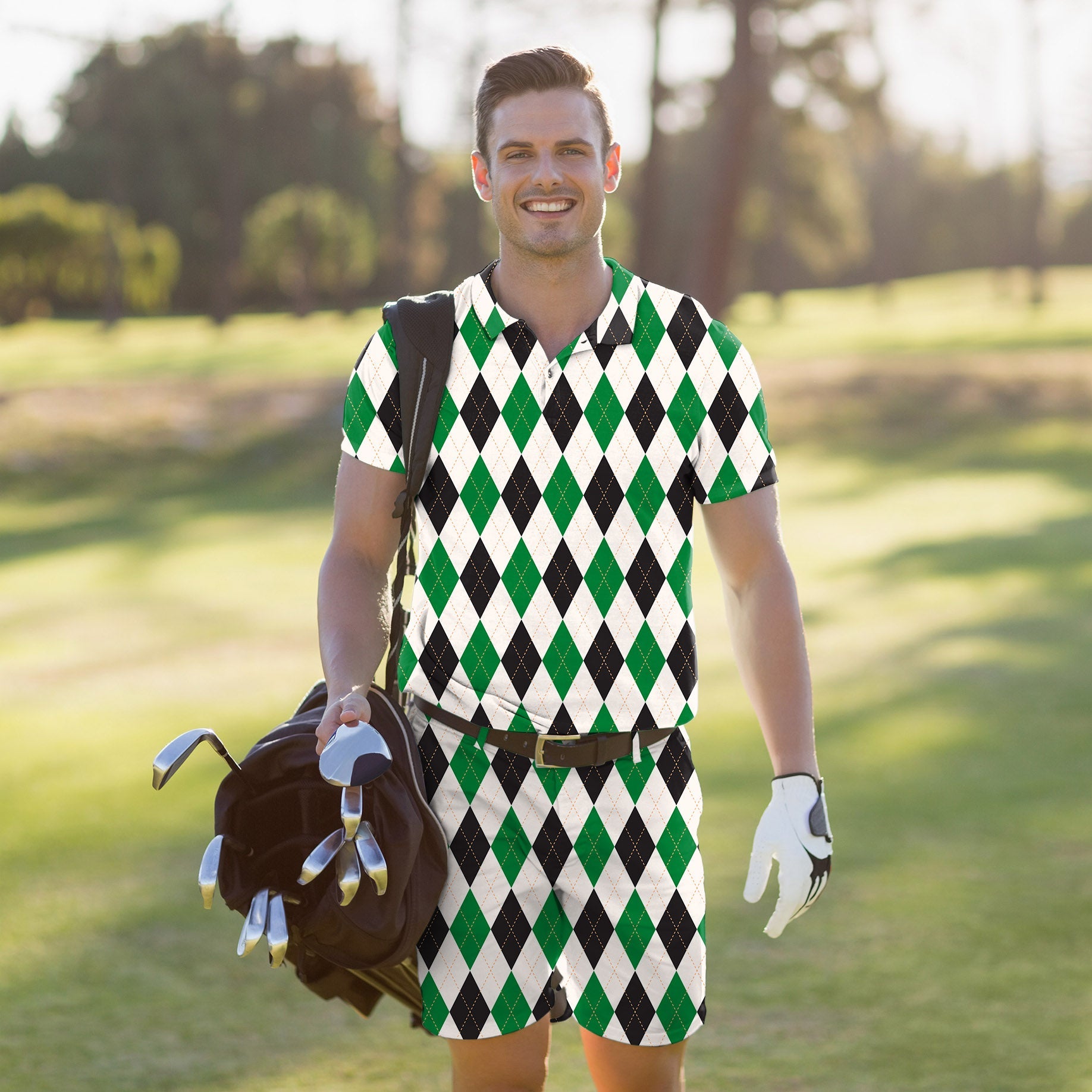 Men's Golf Set polo and shorts with argyle grid pattern, moisture-wicking and wrinkle-resistant fabric, UPF 40+ protection, classic fit for comfort and style.