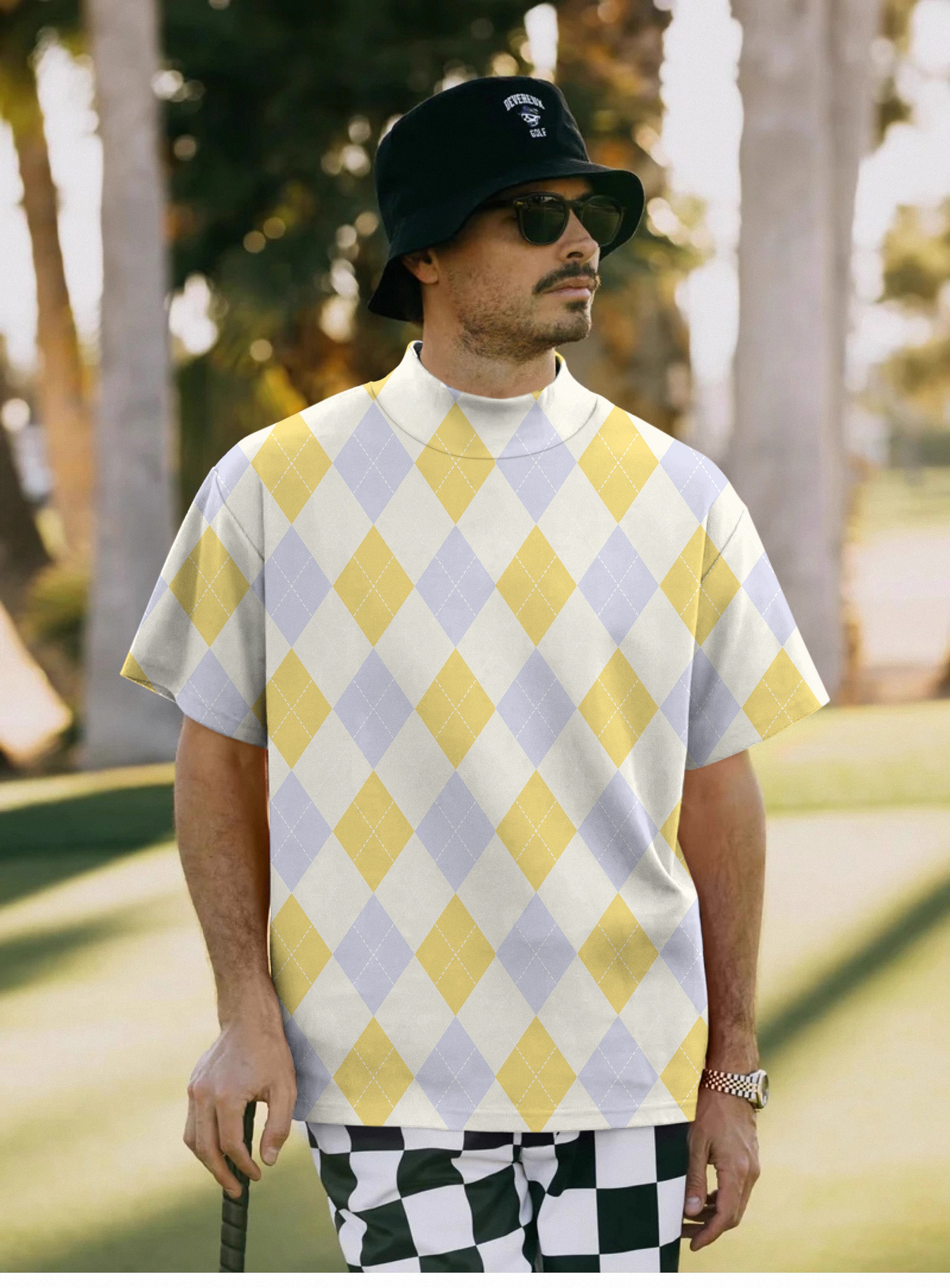 Men's Yollow Argyle Pullover High neck Long/Short sleeve T-Shirt