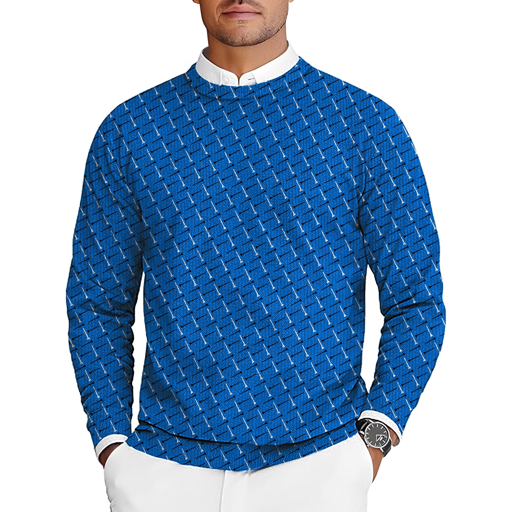 Men's custom golf crewneck pullover sweater with blue patterned background color design