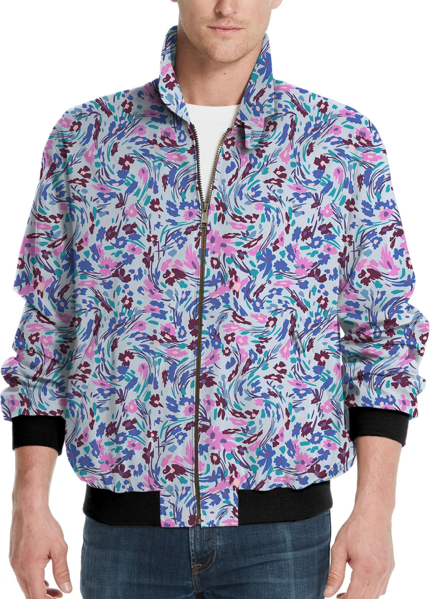 Flower Twist-Men's colorful floral golf windbreaker jacket with zipper and black cuffs