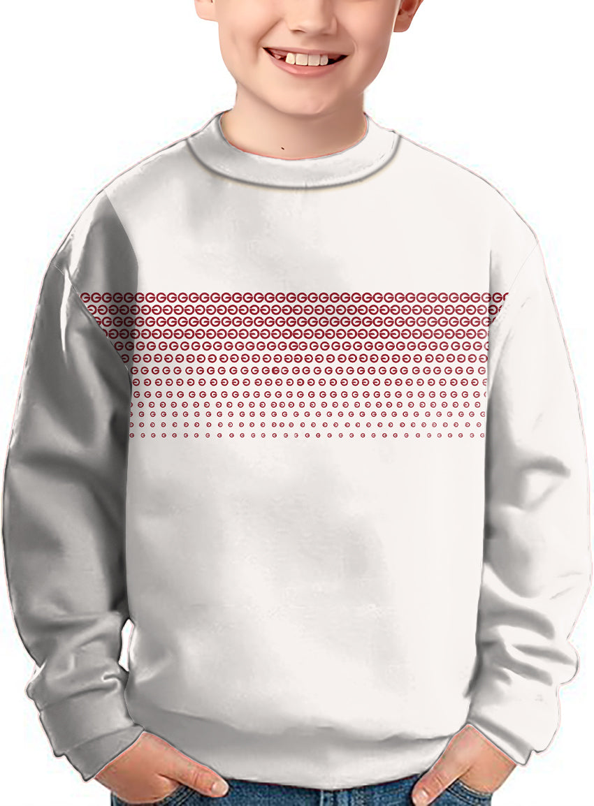 White kids crewneck pullover with red G pattern across chest, perfect for custom team uniforms.