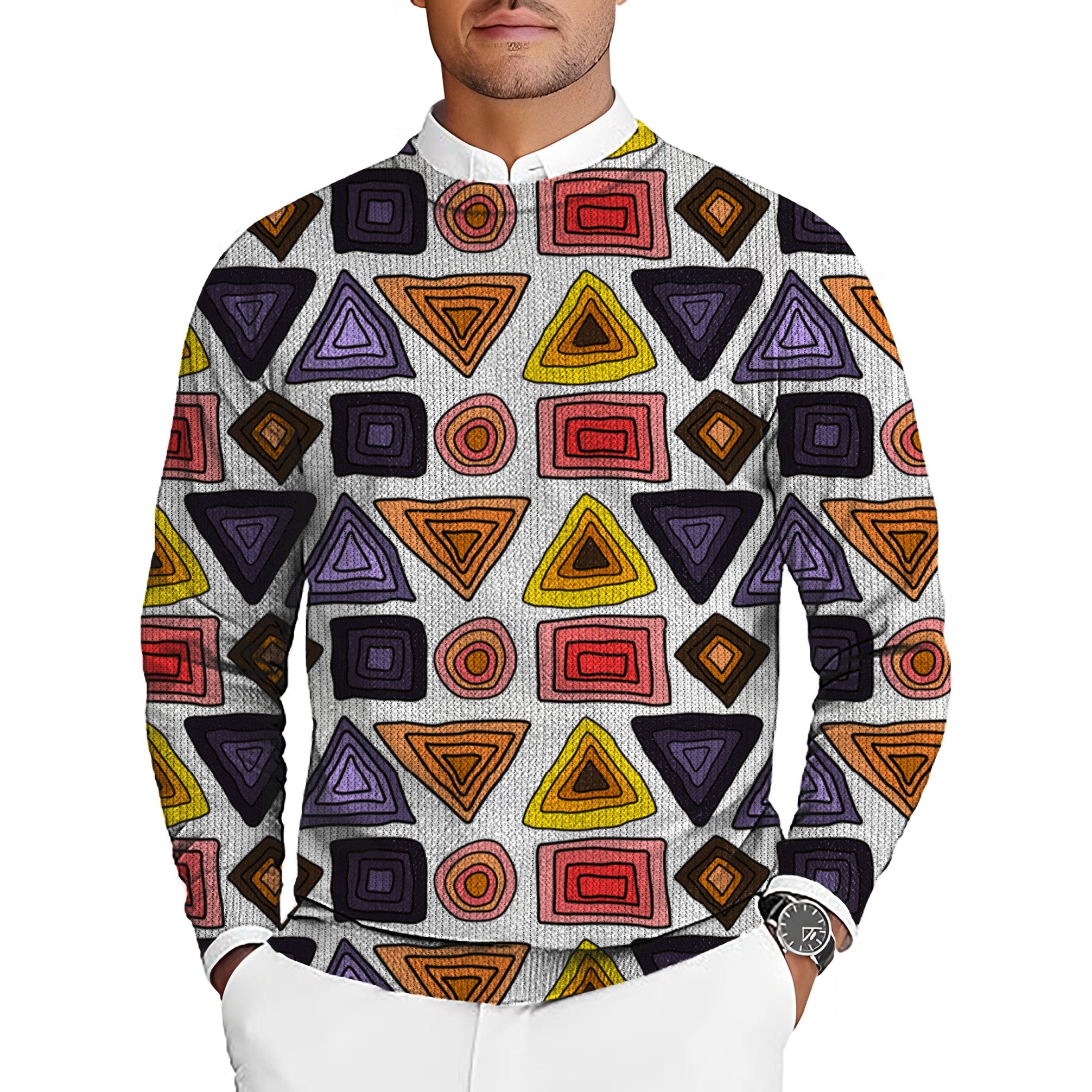 Men's golf crewneck pullover sweater with colorful triangle tribal pattern
