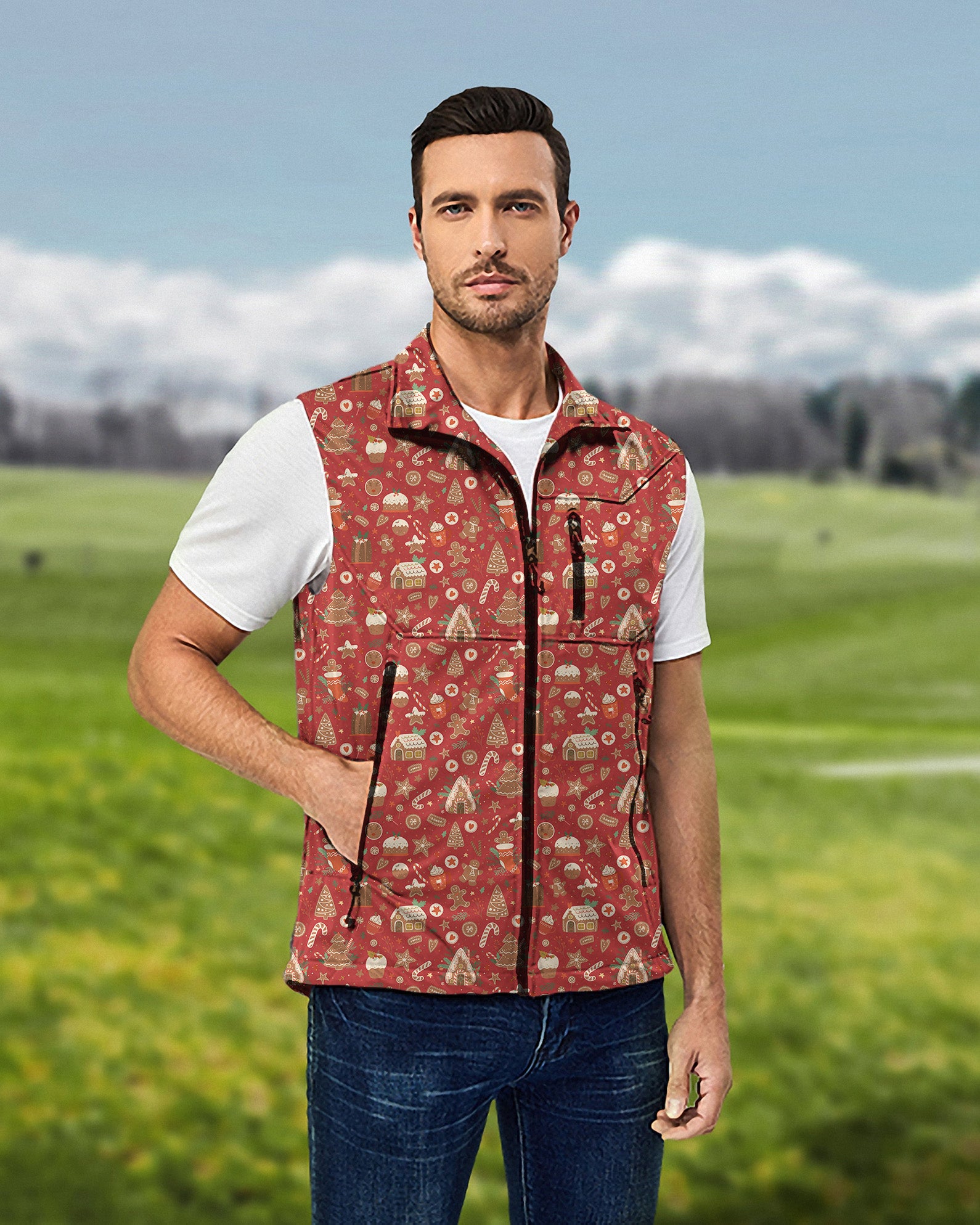 Men's Red Christmas Candy House Lightweight Softshell Vest Sleeveless Jacket for Golf Windproof Waterproof