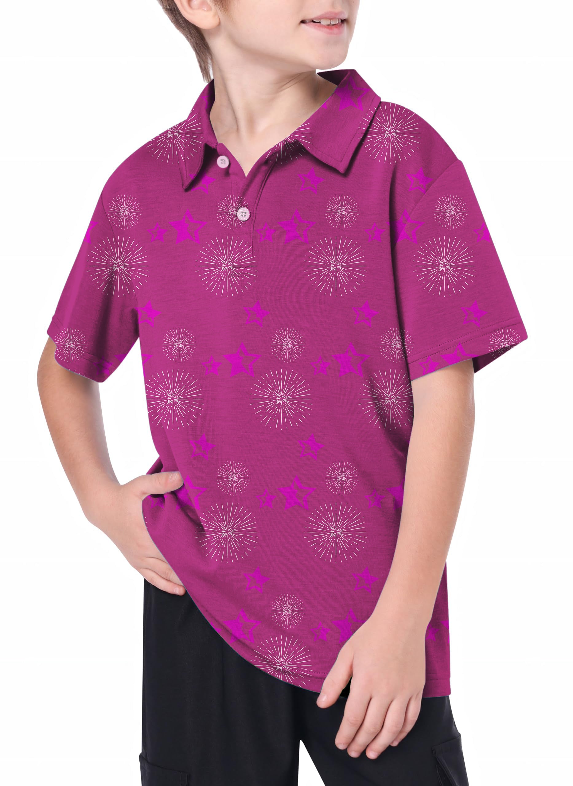 Youth Pentagram limited edition purple golf polo shirt with star and firework patterns for boys