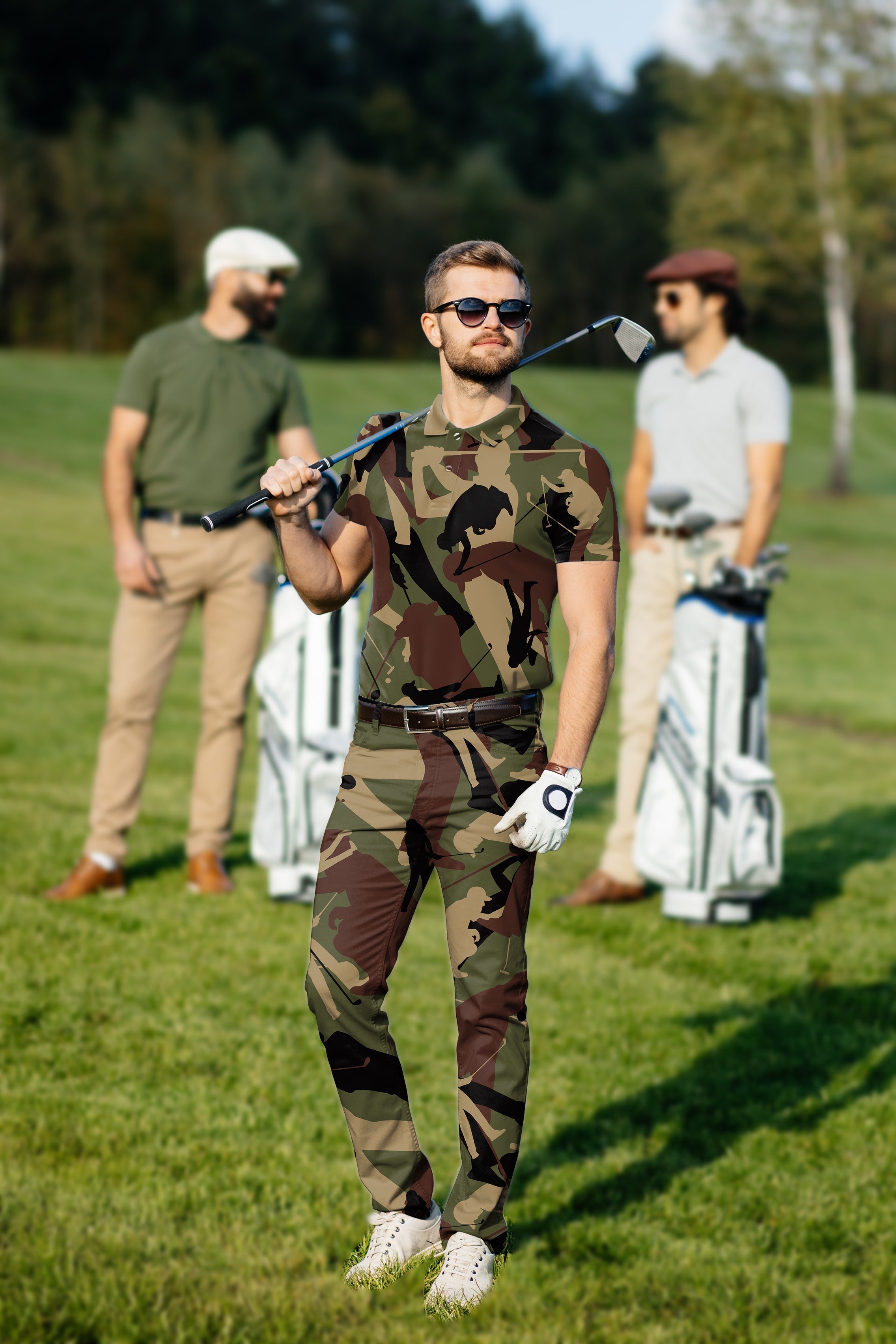 Men's Golf Set army green polo and pants with four-way stretch and classic fit on golf course