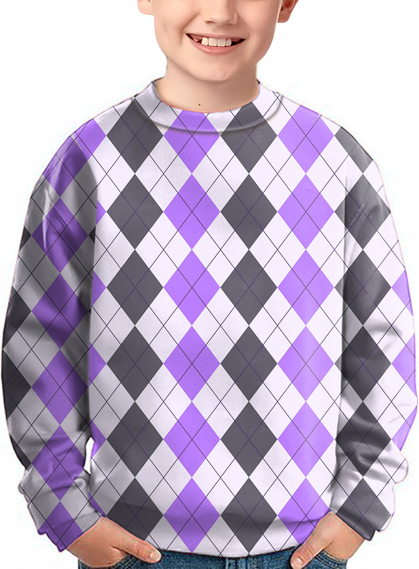 Purple grey Argyle Crewneck Pullover Kids Ugly Sweater
