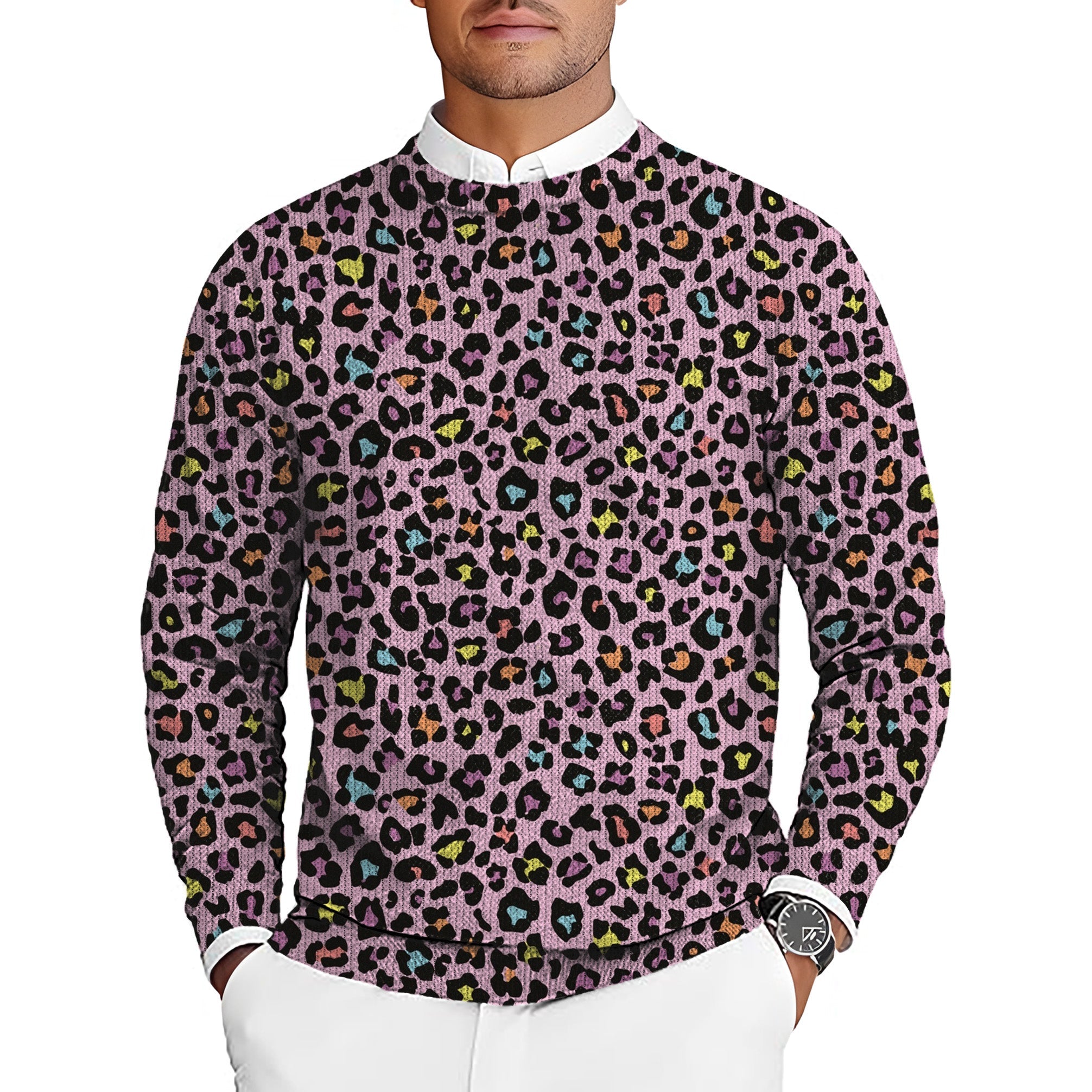 Leopard print men's golf crewneck pullover sweater, lightweight and stretchy ugly sweater for warmth and comfort