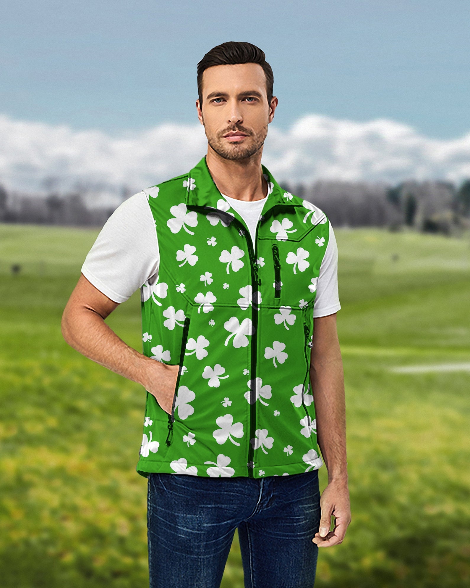 Men's lightweight sleeveless softshell vest with white leaf clover print for St. Patrick's Day golf windproof waterproof jacket