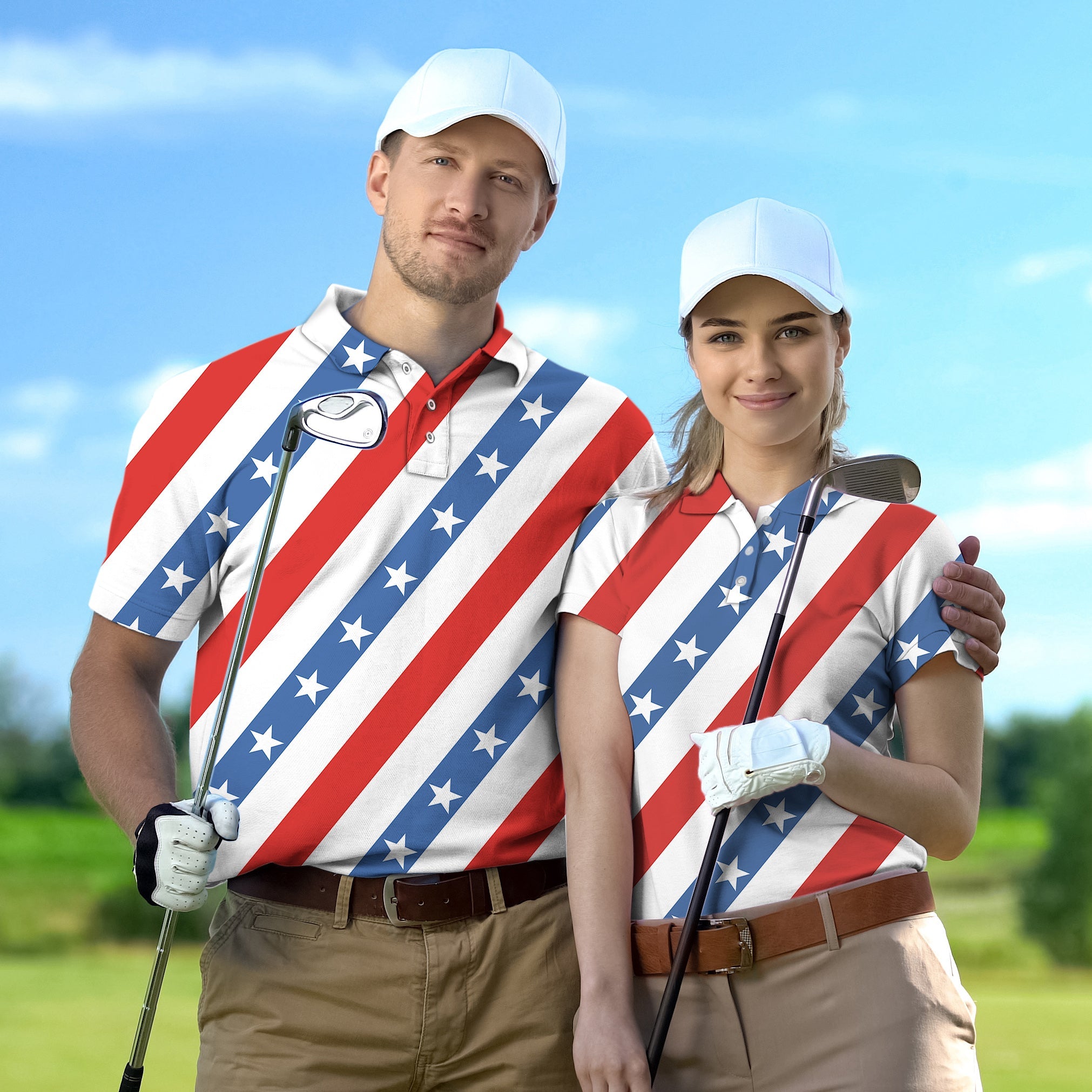 Couple wearing American President Day themed golf shirts with red, white, and blue star stripes holding golf clubs on a course