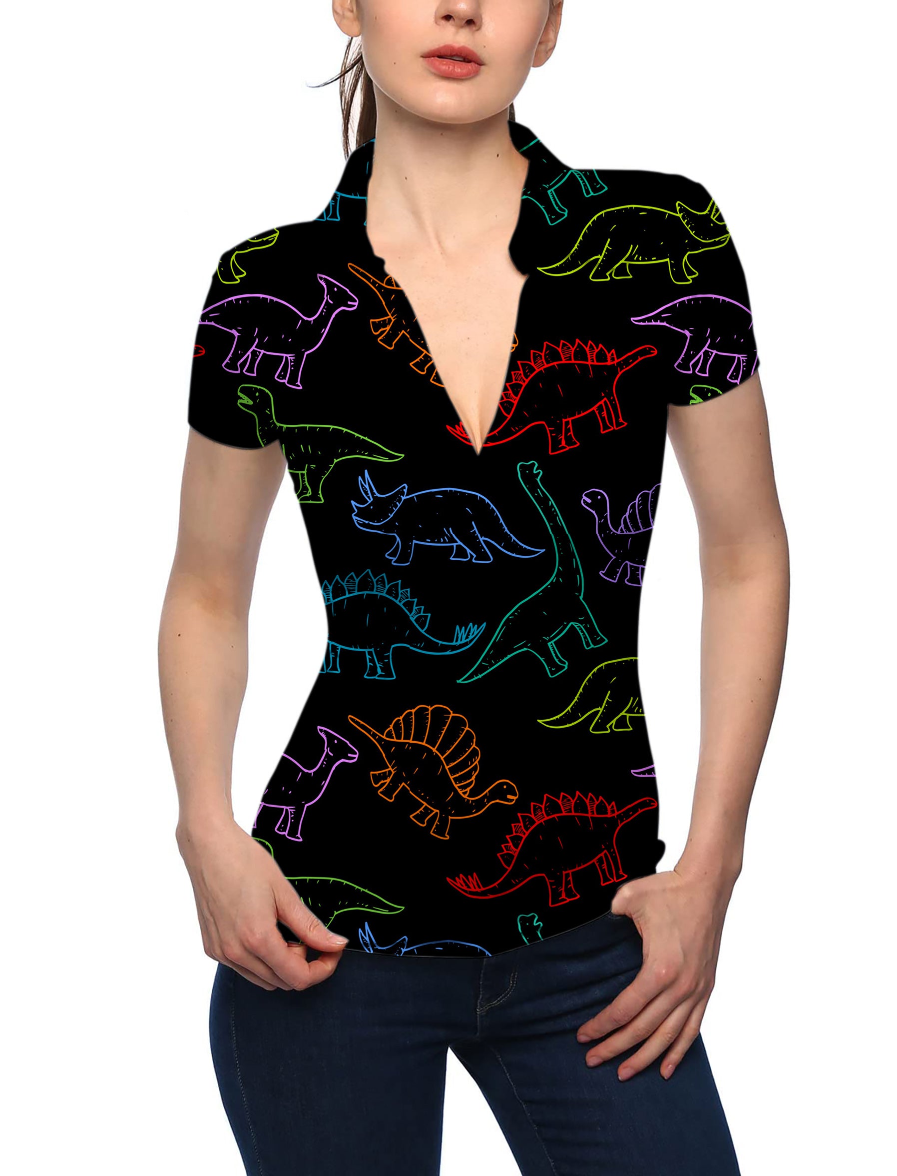 Women's Electric Dinos V Neck Golf Polo