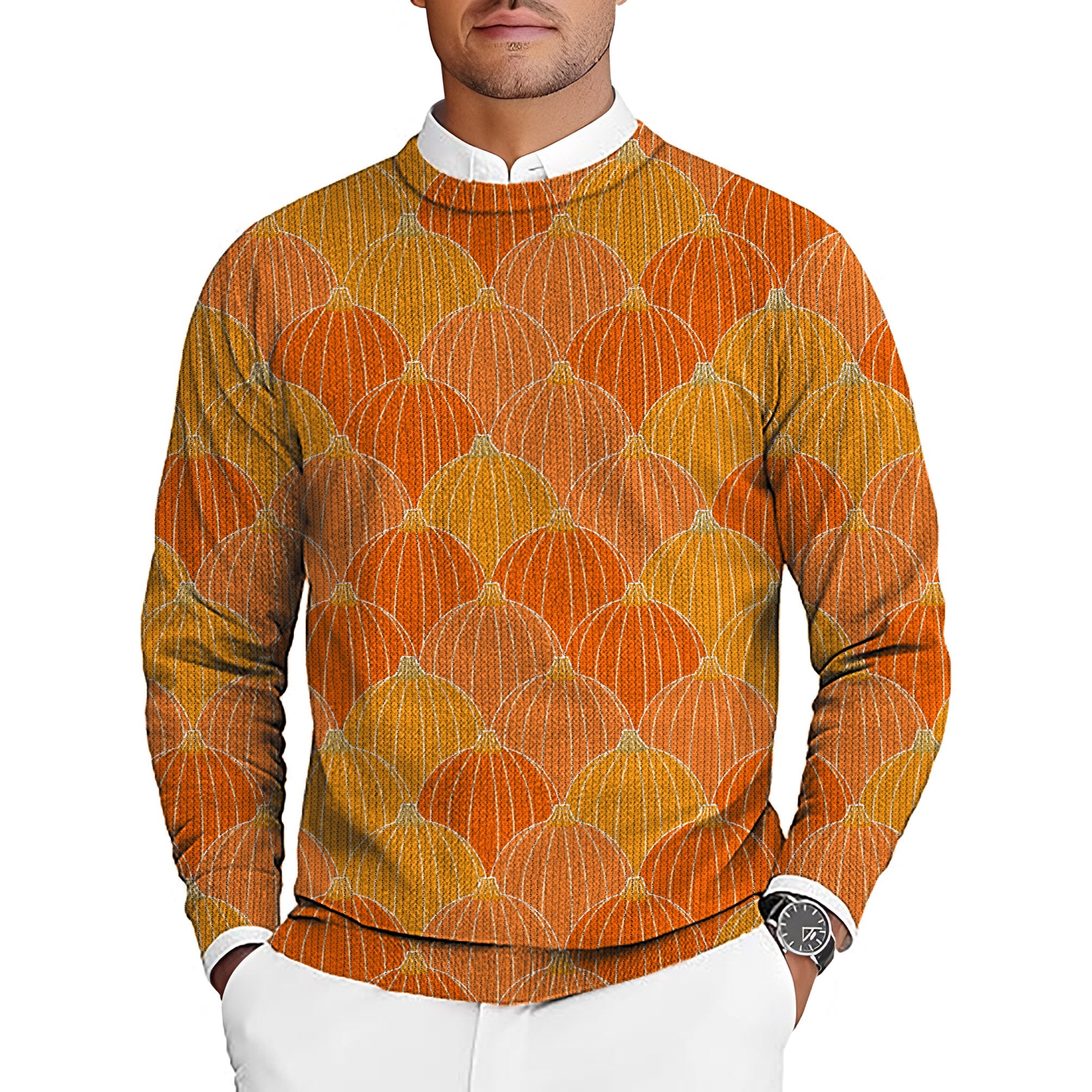Men's Halloween Thanksgiving Pumpkin Bones golf crewneck pullover sweater with pumpkin pattern