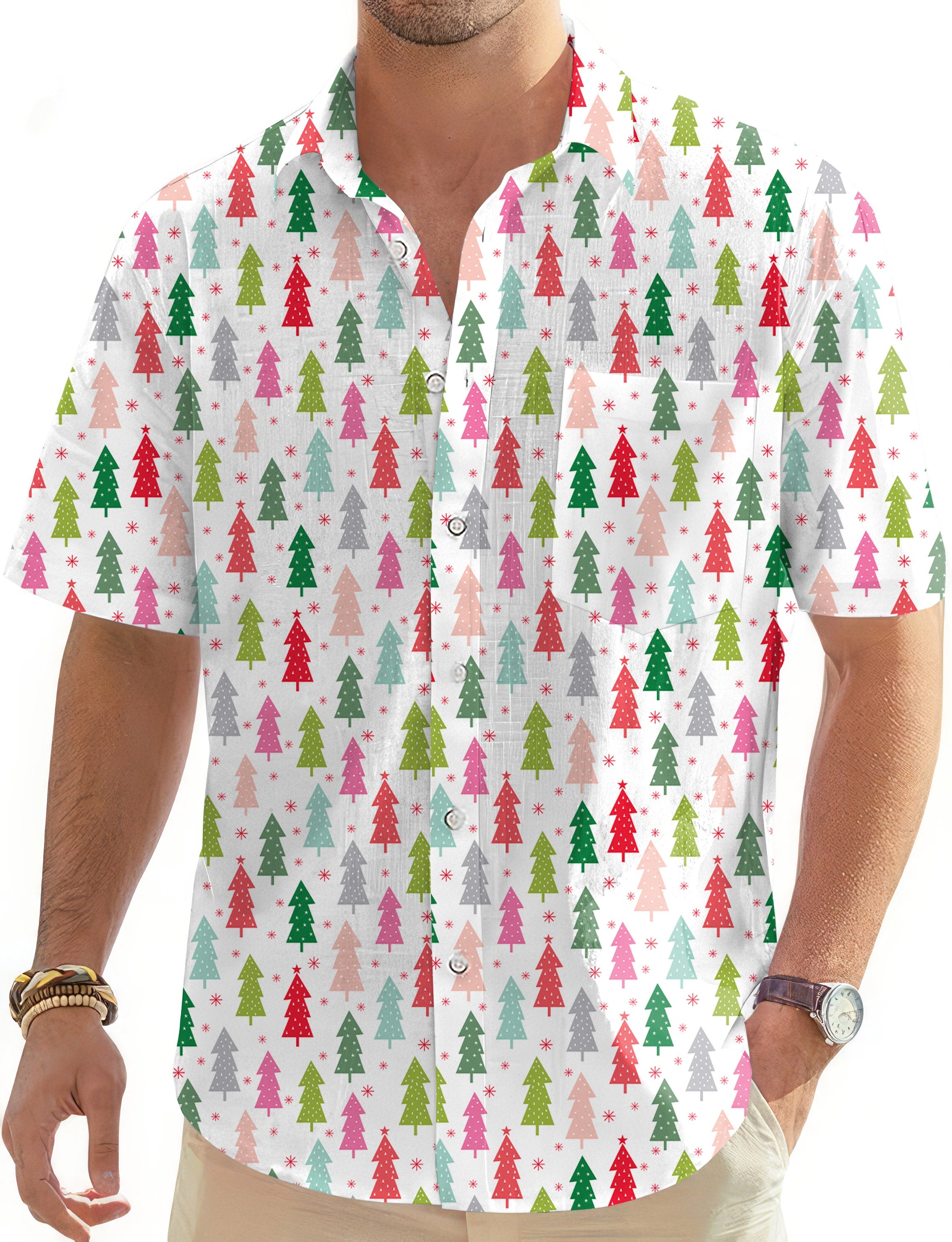 Men's colorful Christmas tree Hawaiian golf shirt with button-down collar and short sleeves