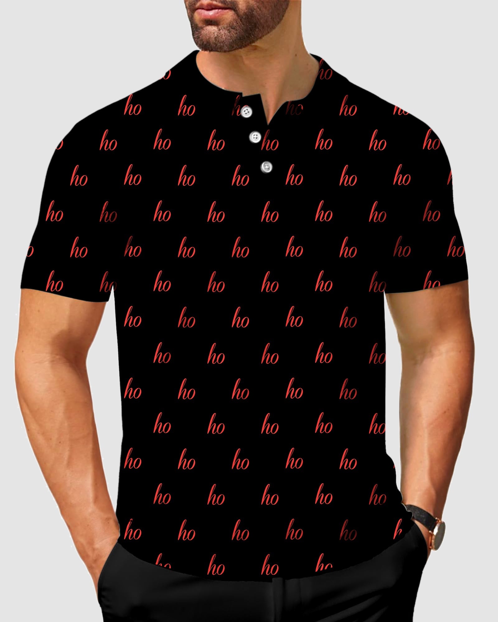 Men's black custom name Christmas polo shirt with red "ho" pattern and button collar