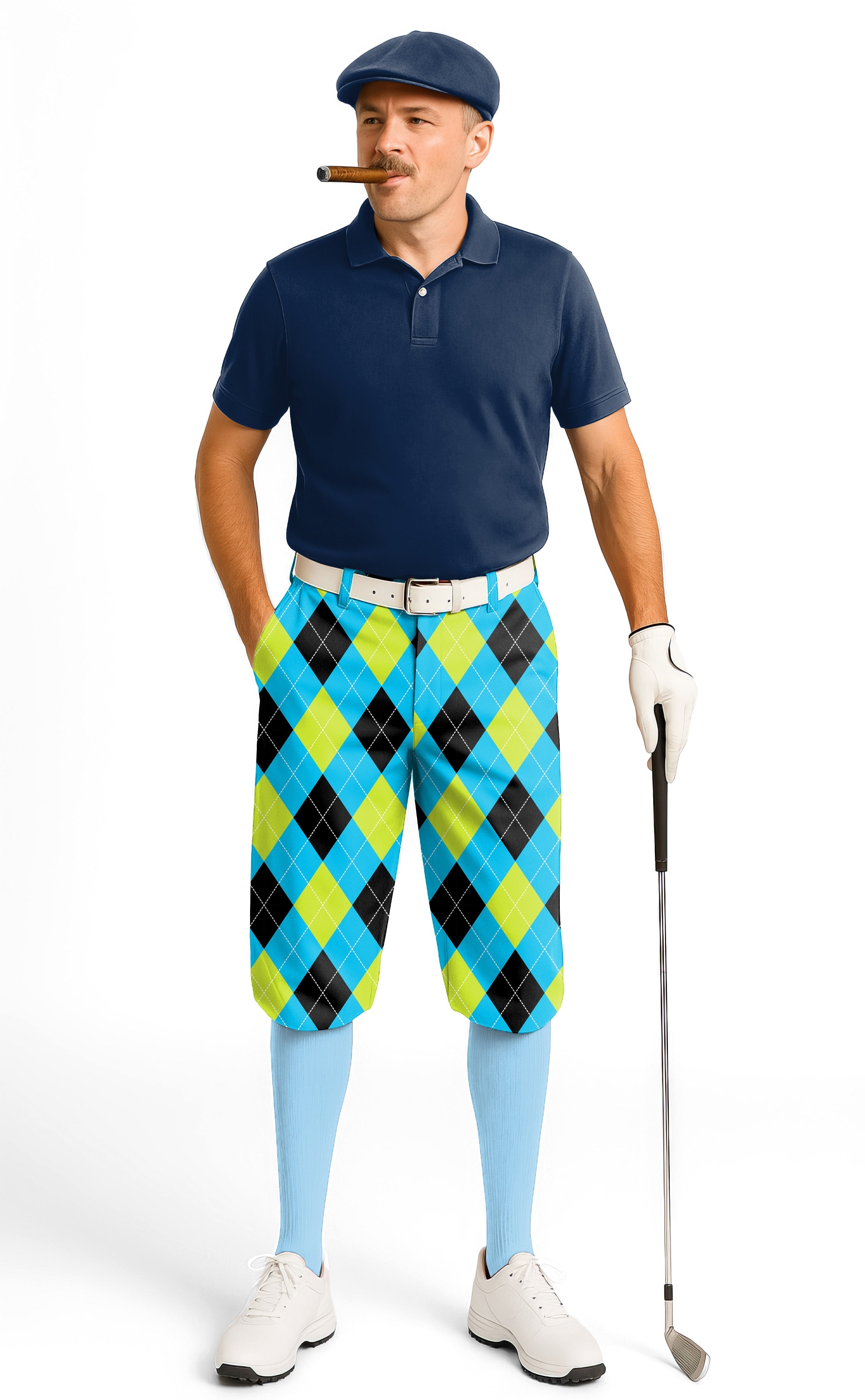 Halloween black green blue white argyle men's golf knickers with snug ankle cuffs and breathable performance fabric