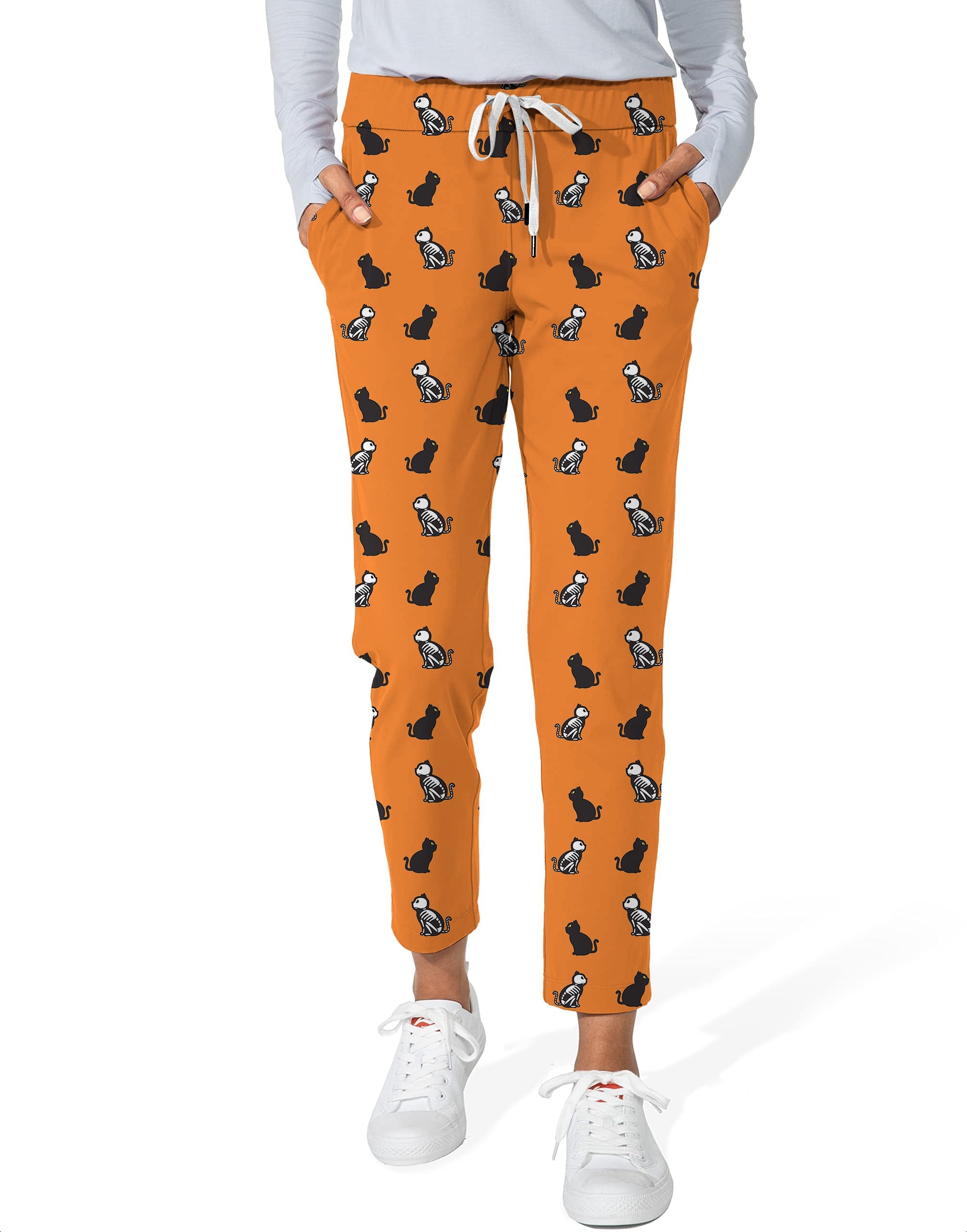 Women's Halloween Skull Cat custom orange ankle golf pants with stretch and drawstring waistband