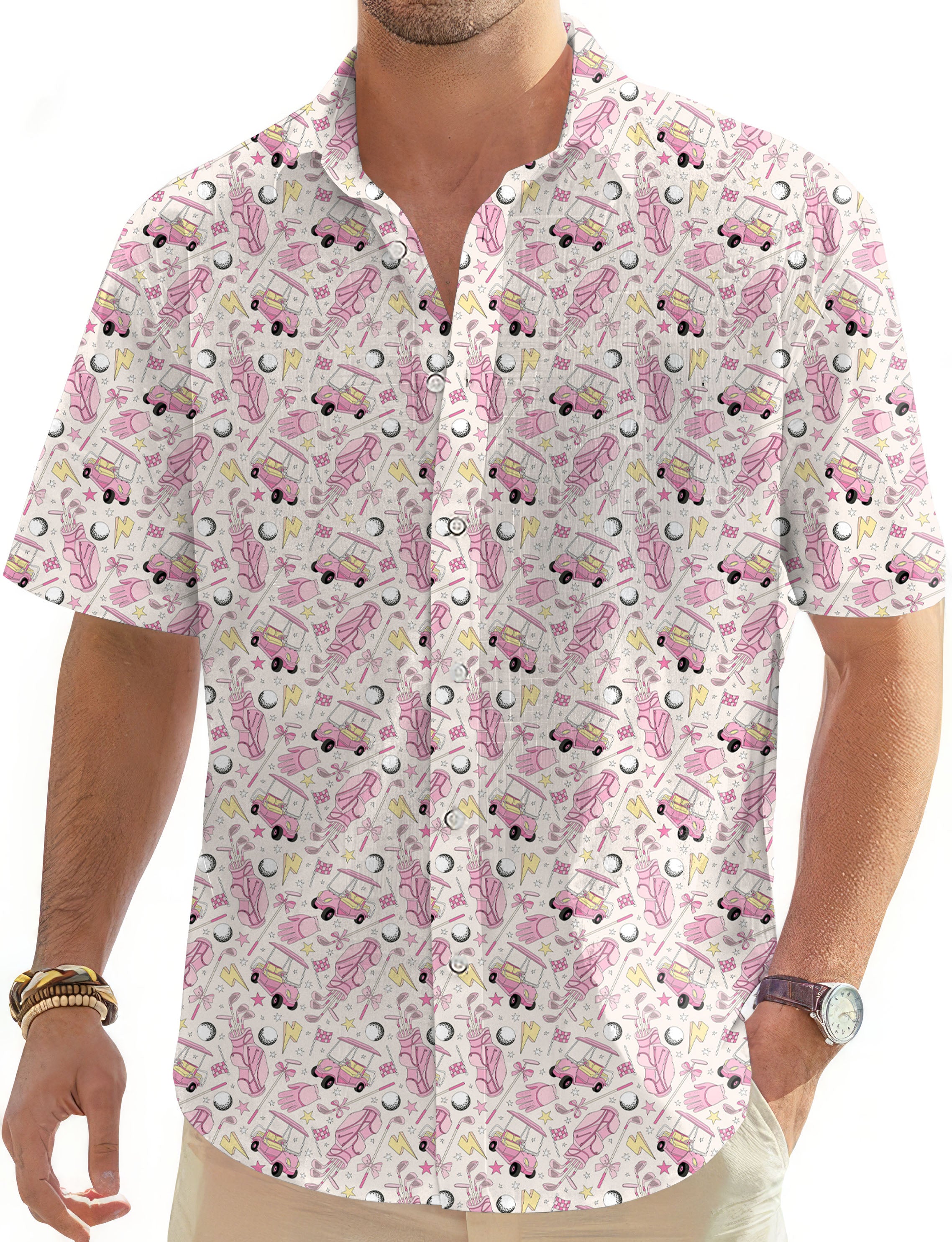 Pink Golf Cartoon Men's Golf Hawaiian Shirts Button Down Shirt