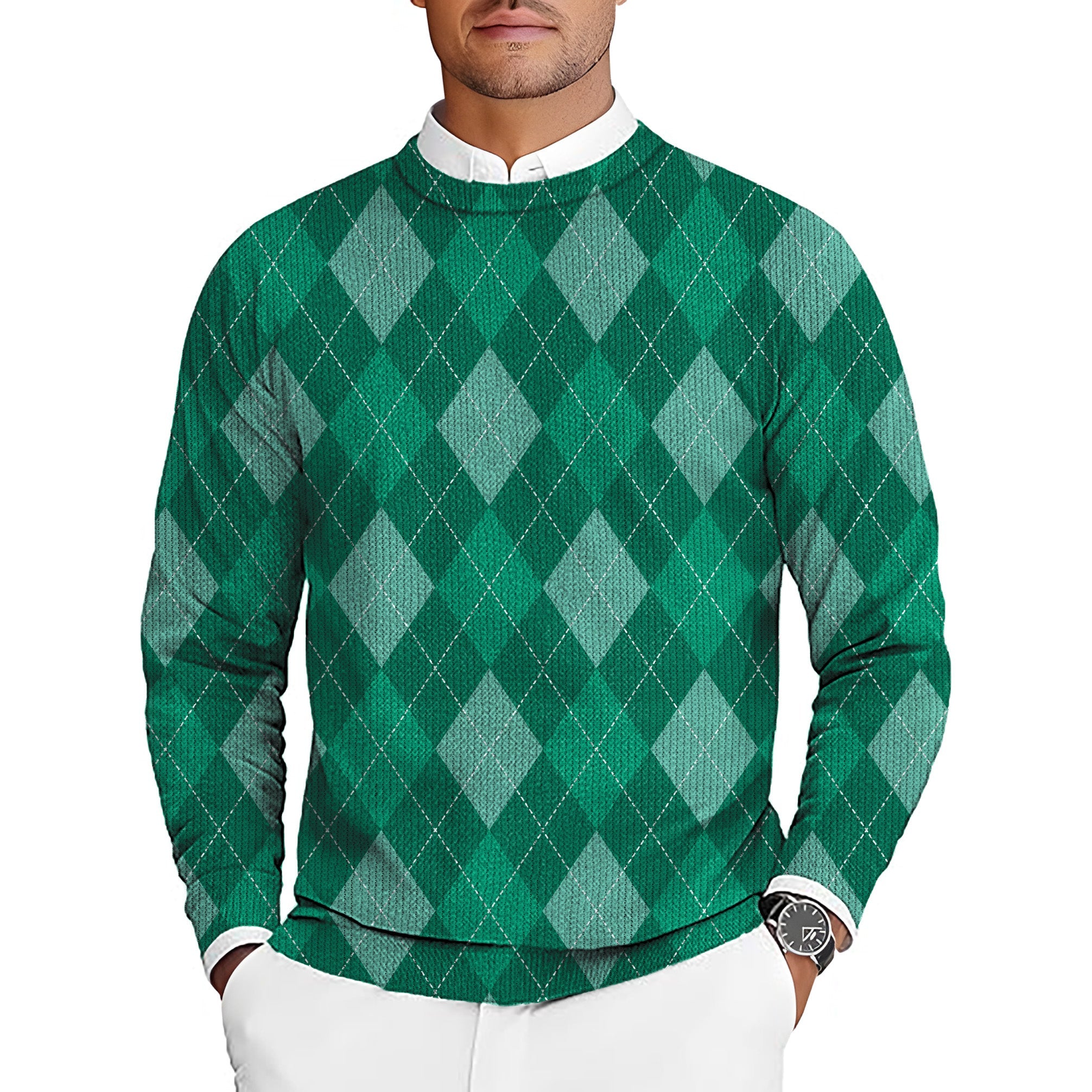 Green argyle men's golf crewneck pullover sweater with diamond pattern