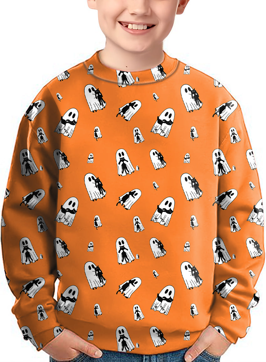 Kids Halloween Ghost Hug orange crewneck pullover with ghost patterns