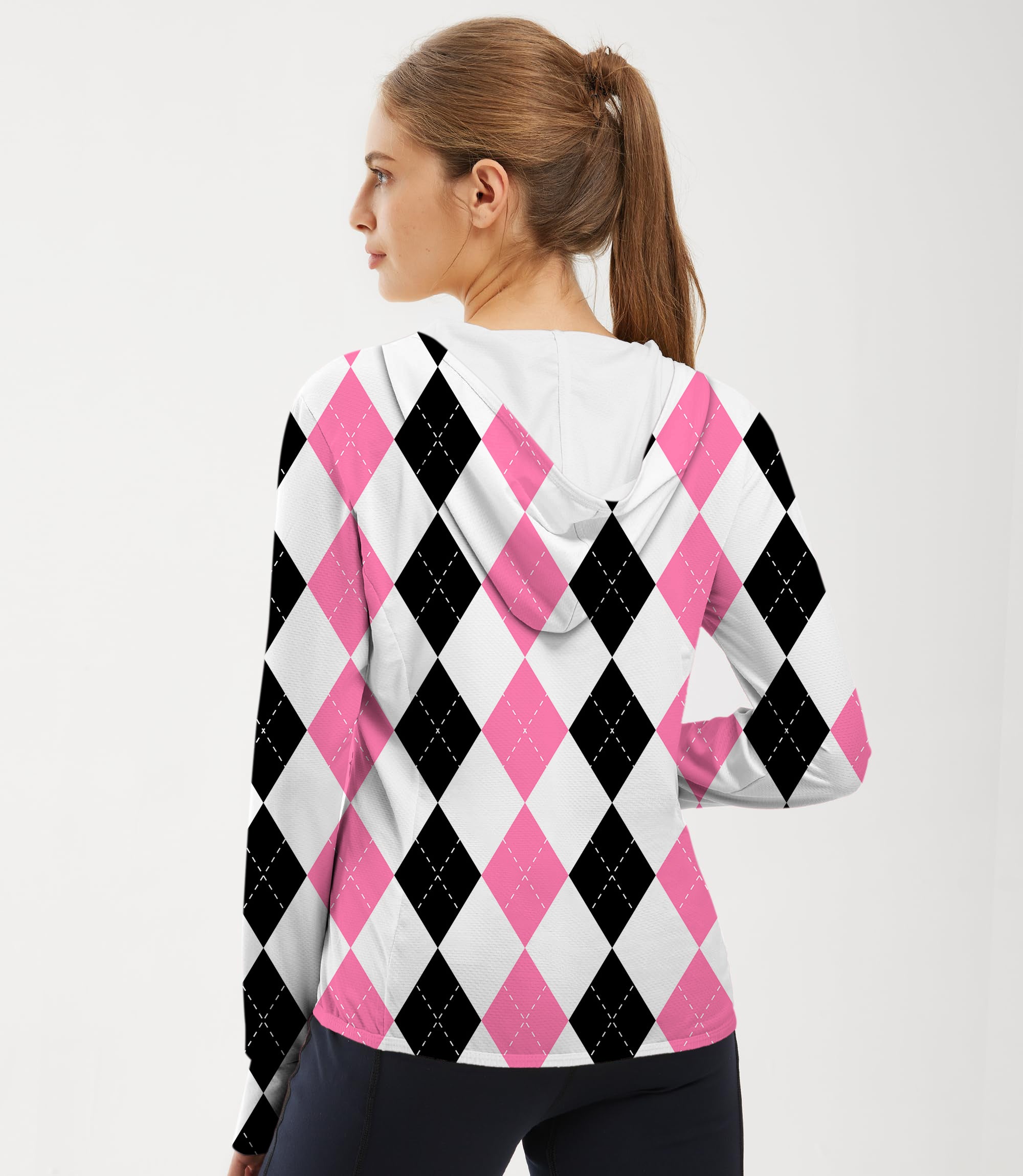 Women's Outdoor pink black argyle Golf Sun Protection Slim Fit zip hoodies