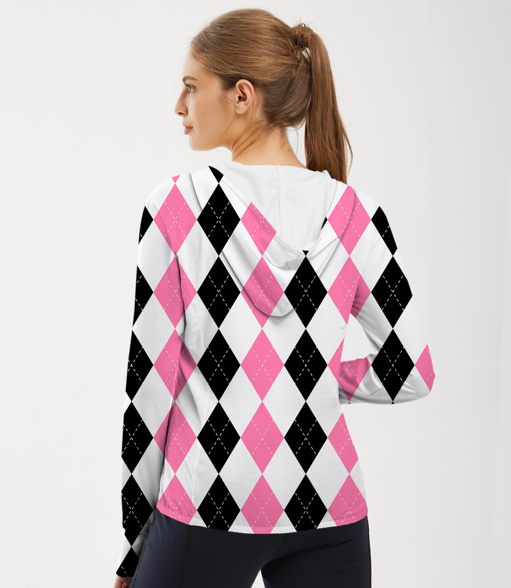 Women's pink black argyle golf sun protection slim fit zip hoodie with UPF 50+ fabric