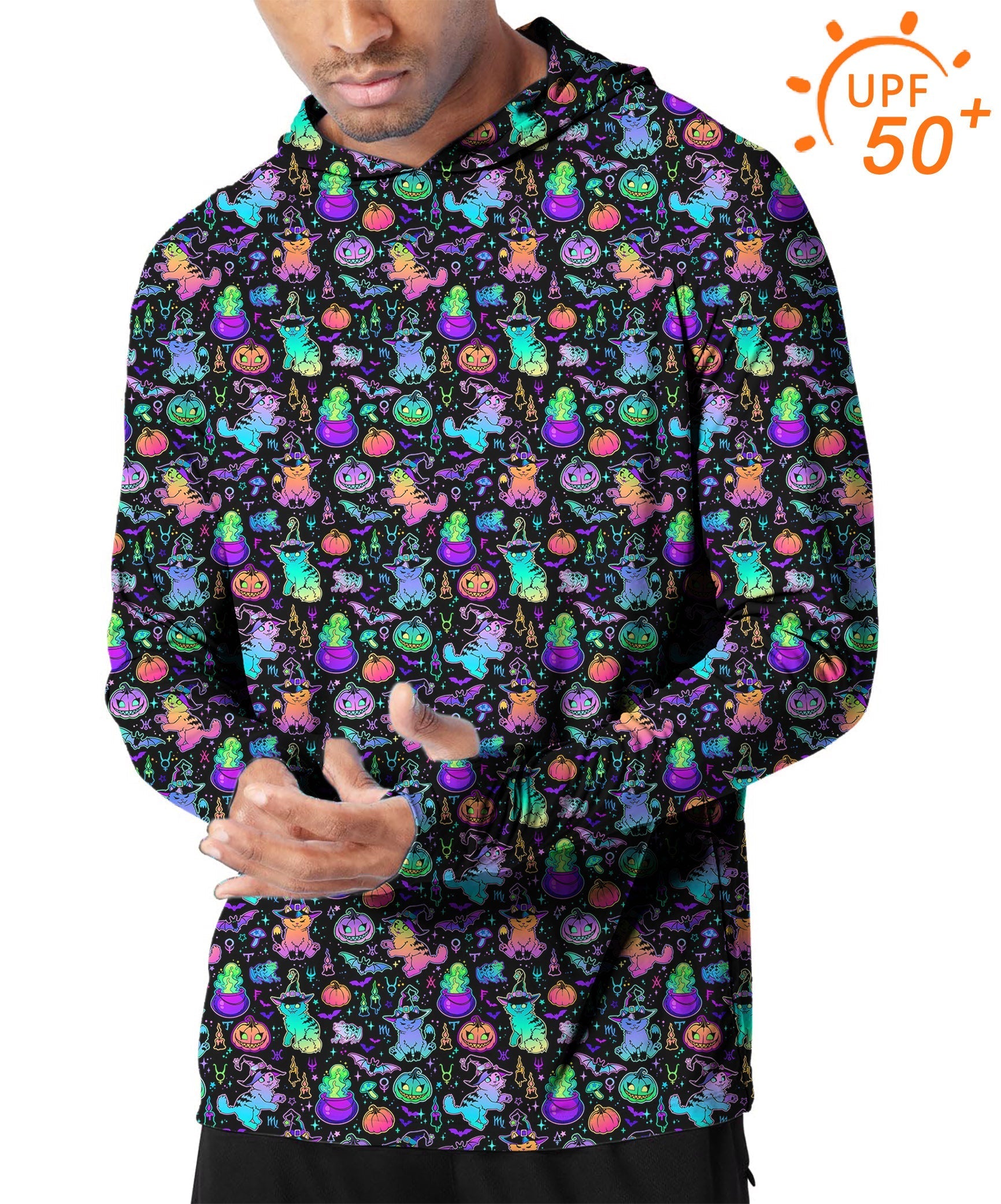 Men's outdoor Halloween slim fit hoodie with constellation cat design and UPF 50+ sun protection