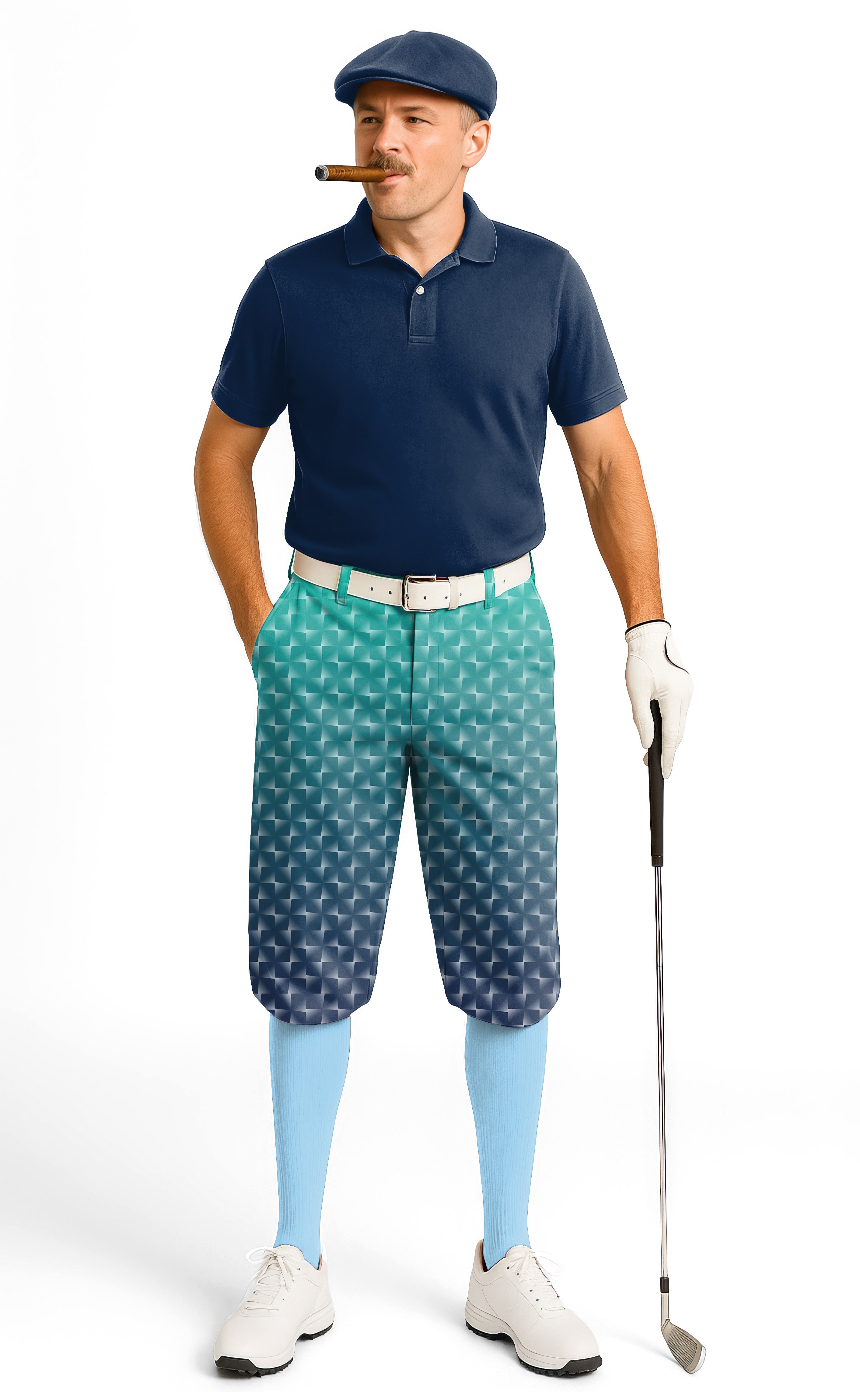 Man wearing cyan gradient custom sport team golf knickers with ankle cuffs and white belt