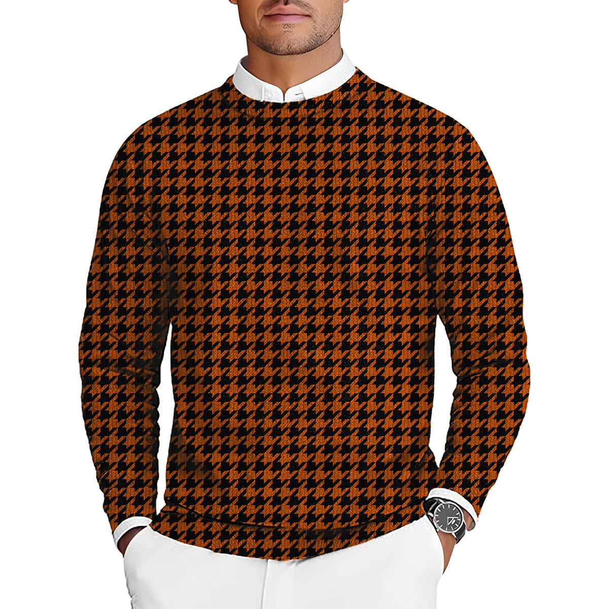 Halloween yellow and black houndstooth Men's Golf Crewneck Pullover Sweaters Ugly Sweater
