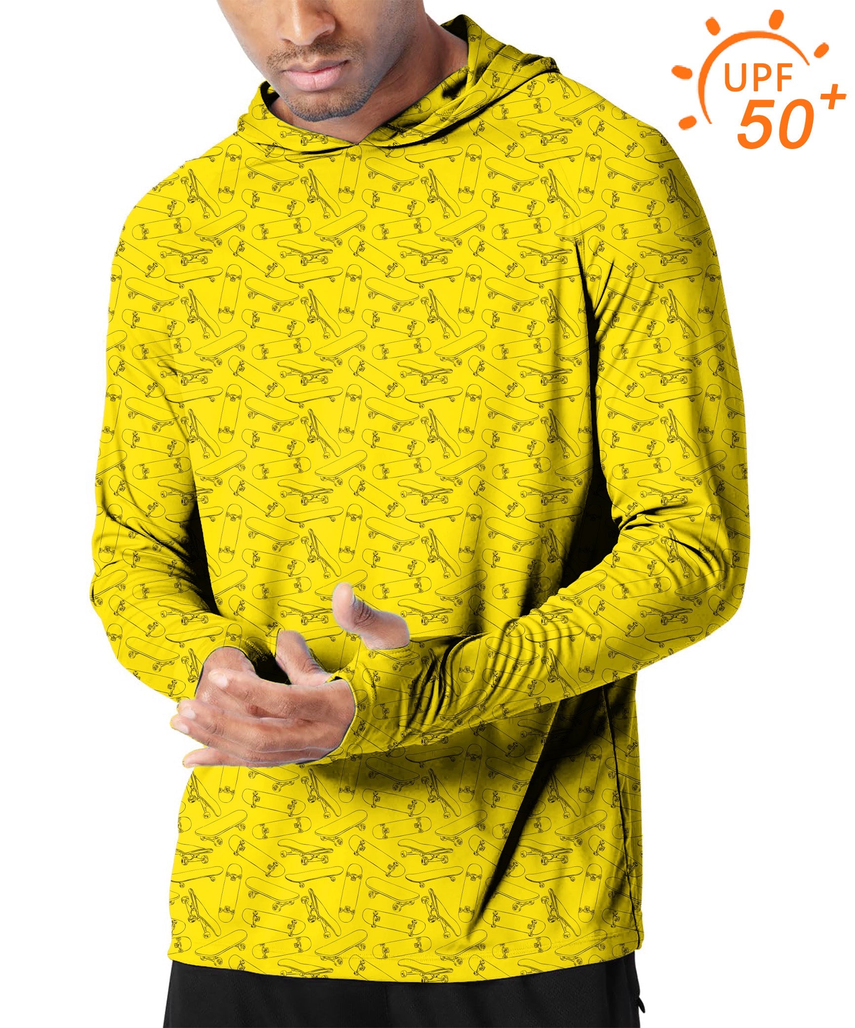 Men's outdoor yellow skateboard golf sun protection slim fit hoodie with UPF 50+ sun protection and thumb holes