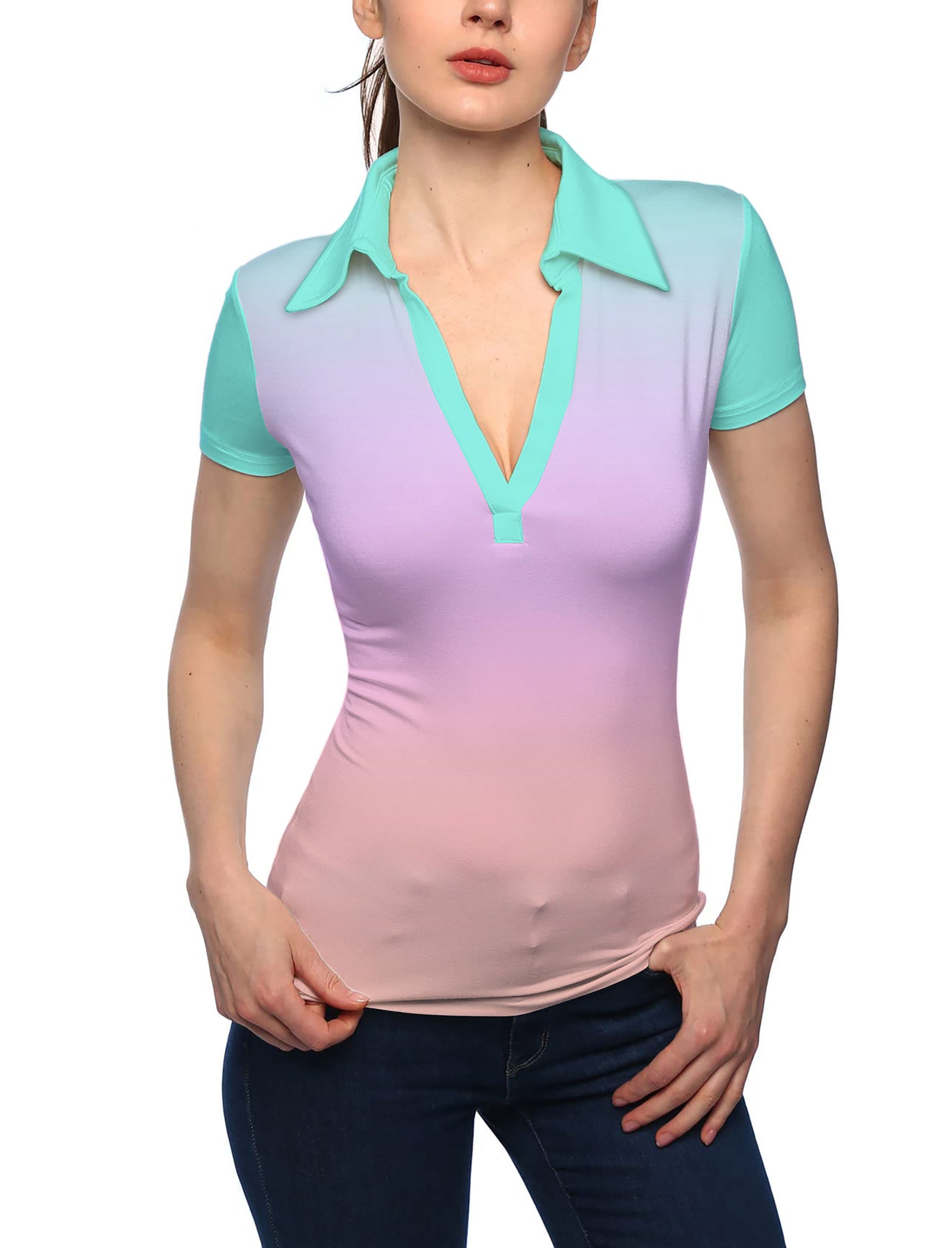 Women's Pink Gradient V Neck Golf Polo