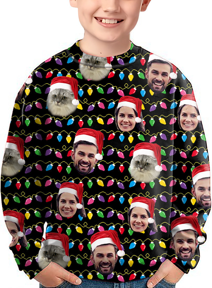 Kids custom face-Christmas crewneck pullover with Santa hats and holiday lights pattern