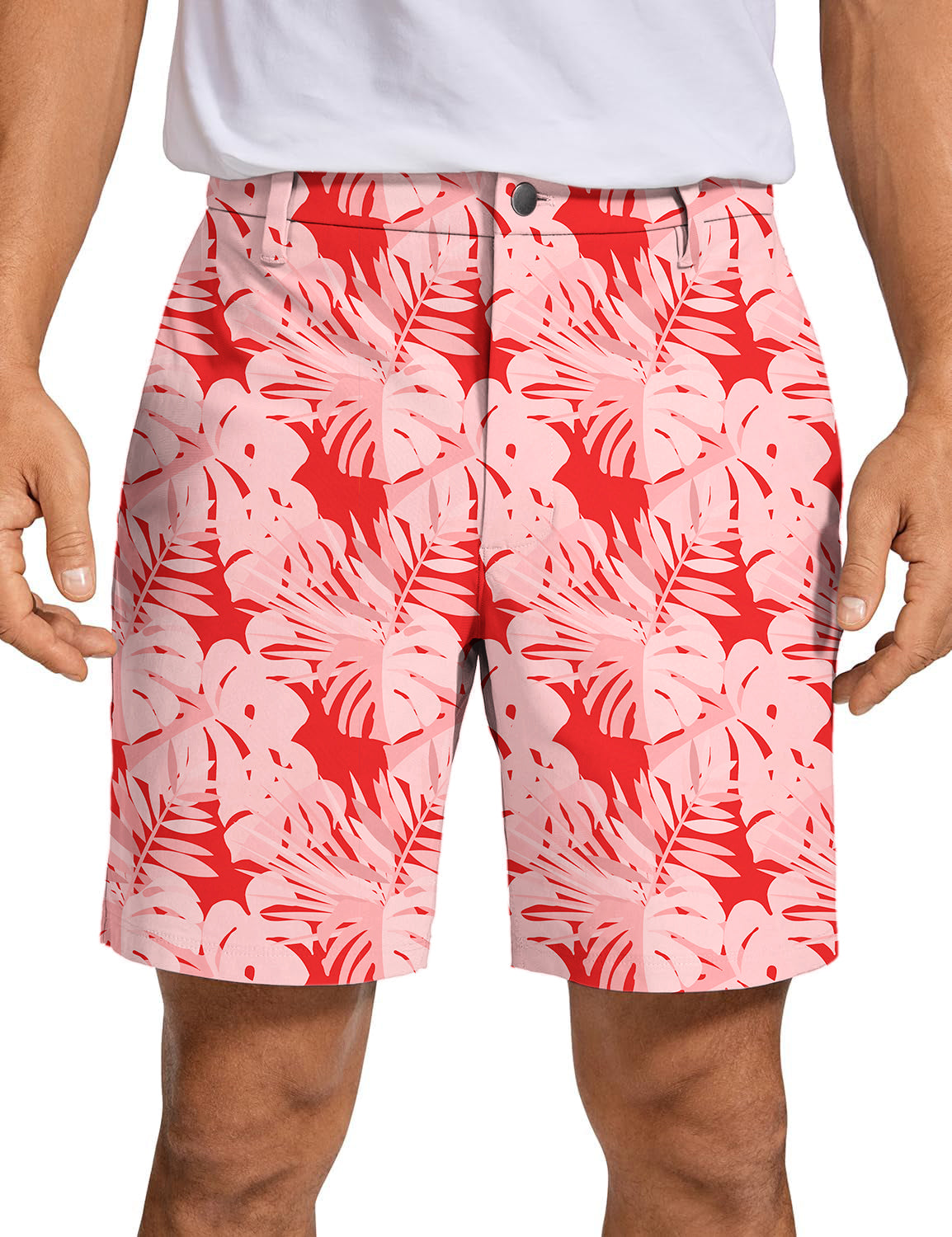 Men's red tropical leaves pattern golf shorts with quick-dry, lightweight fabric
