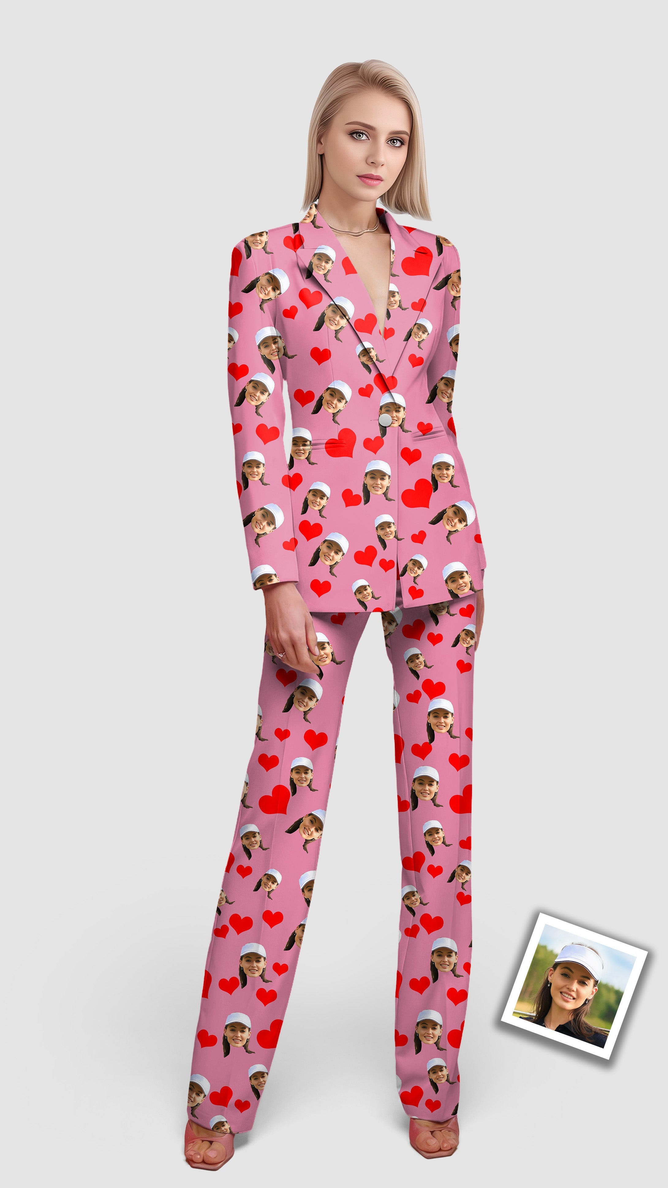 Custom red heart photo women's blazer and pants suit with funny face design, casual work office style