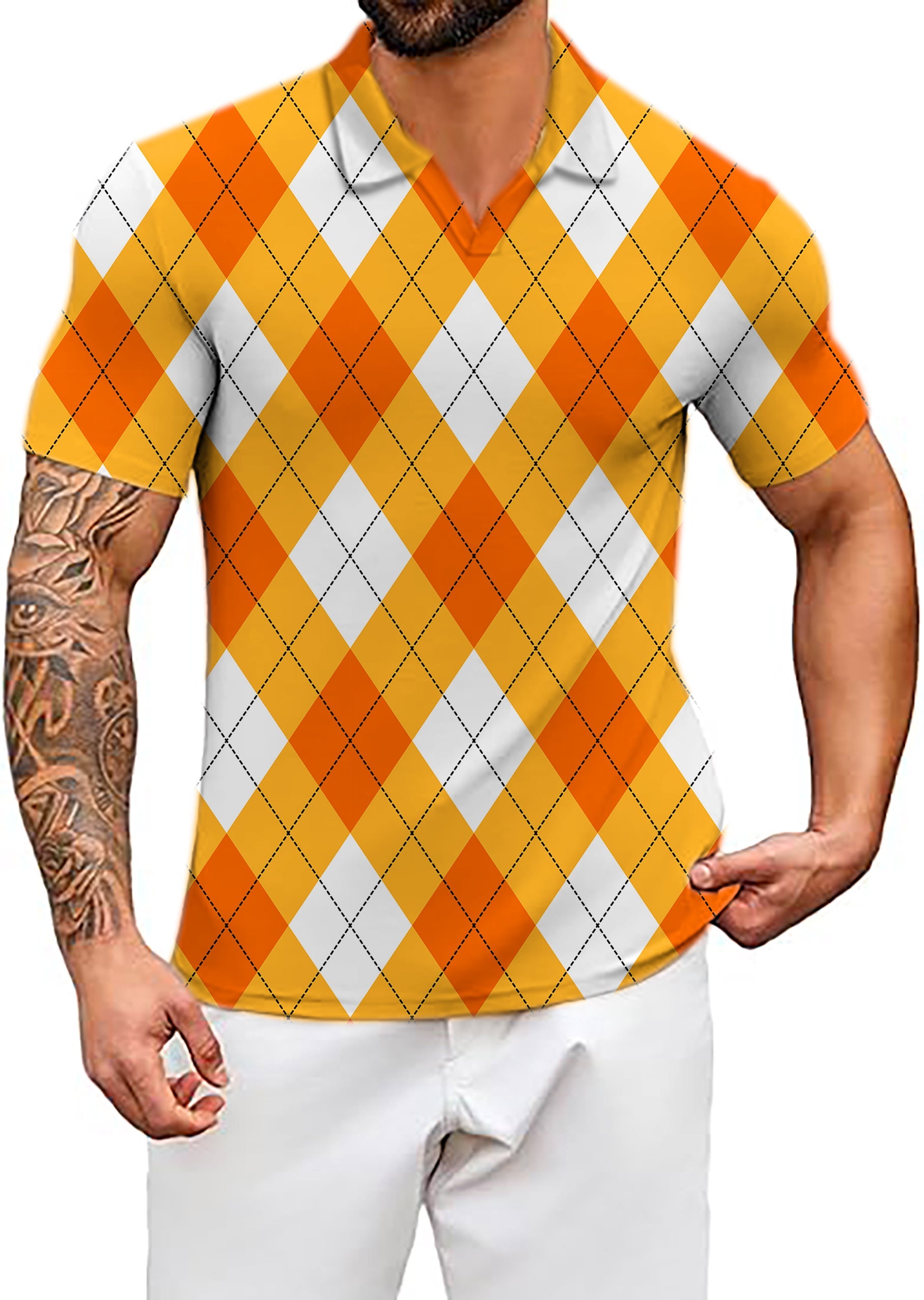 Men's Coconut Palm orange white argyle V neck golf polo shirt with four-way stretch and UPF 40+ protection