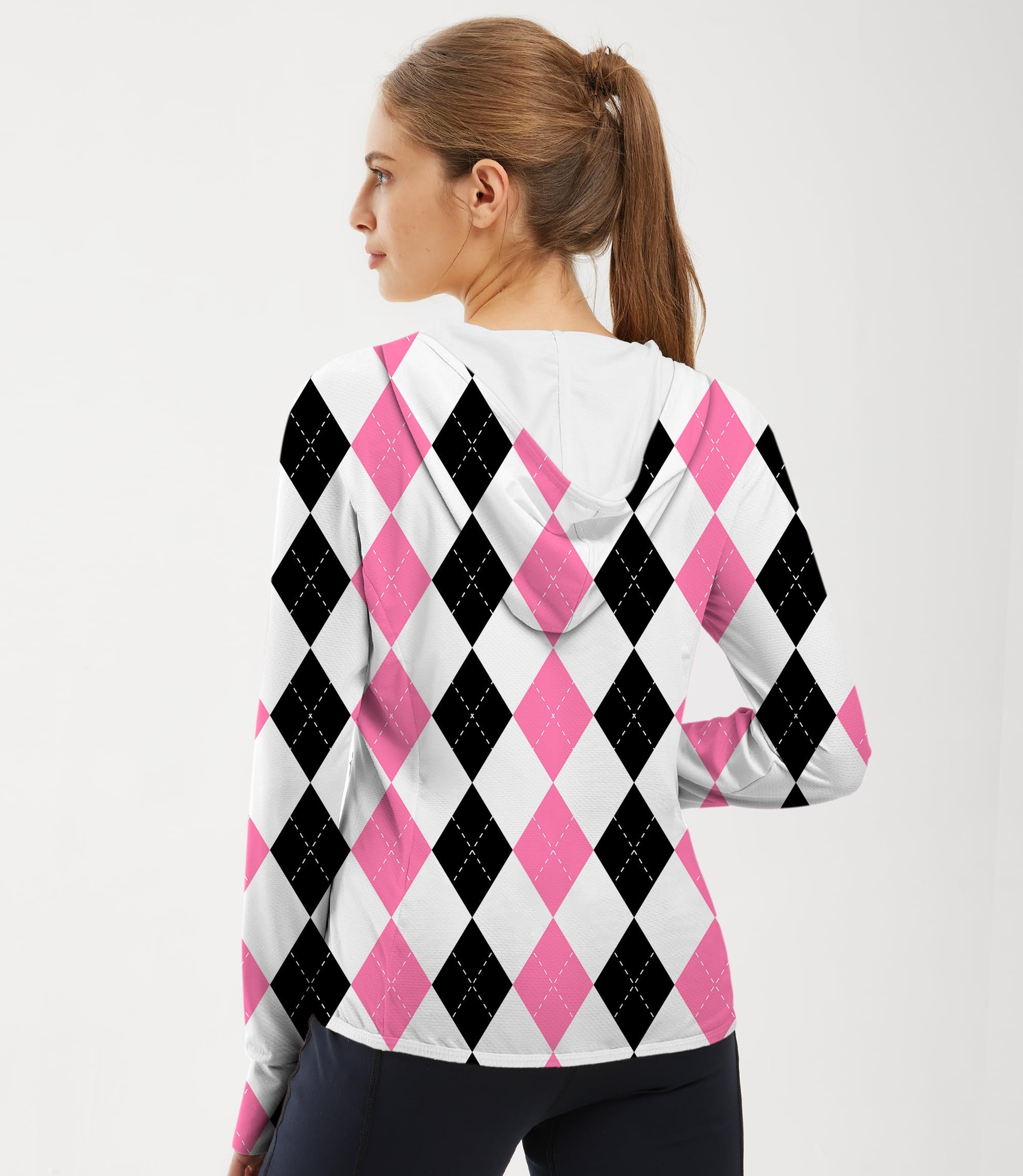Women's outdoor pink and black argyle golf hoodie with slim fit and sun protection