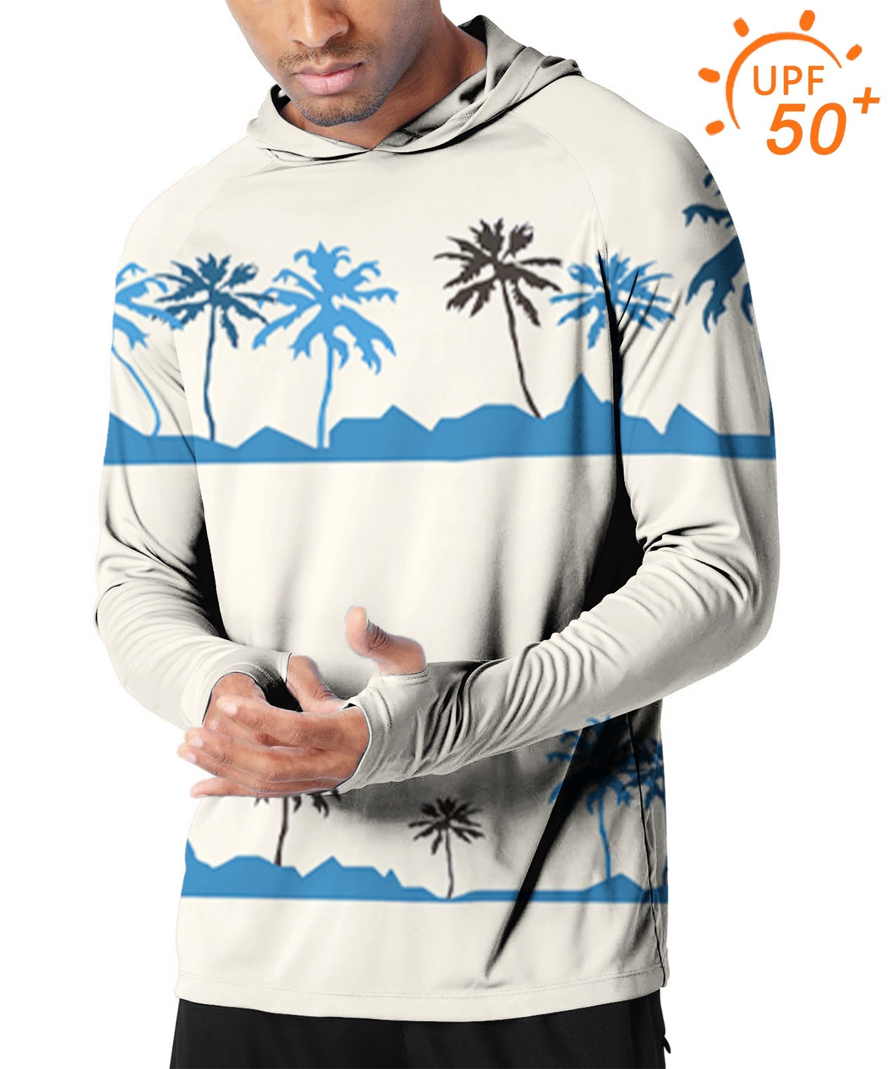 Men's outdoor slim fit hoodie with palm tree print and UPF 50+ sun protection