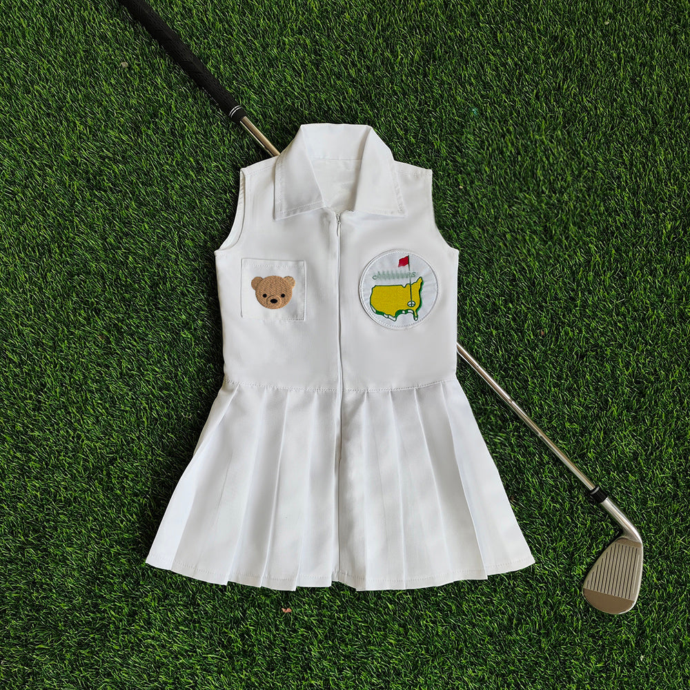 Personalized Golf Toddler Caddy Dress Infant Golf White Outfit Baby Golf 1st Birthday Dress Machine Embroidered Golf Dress Children's Jumpsuit