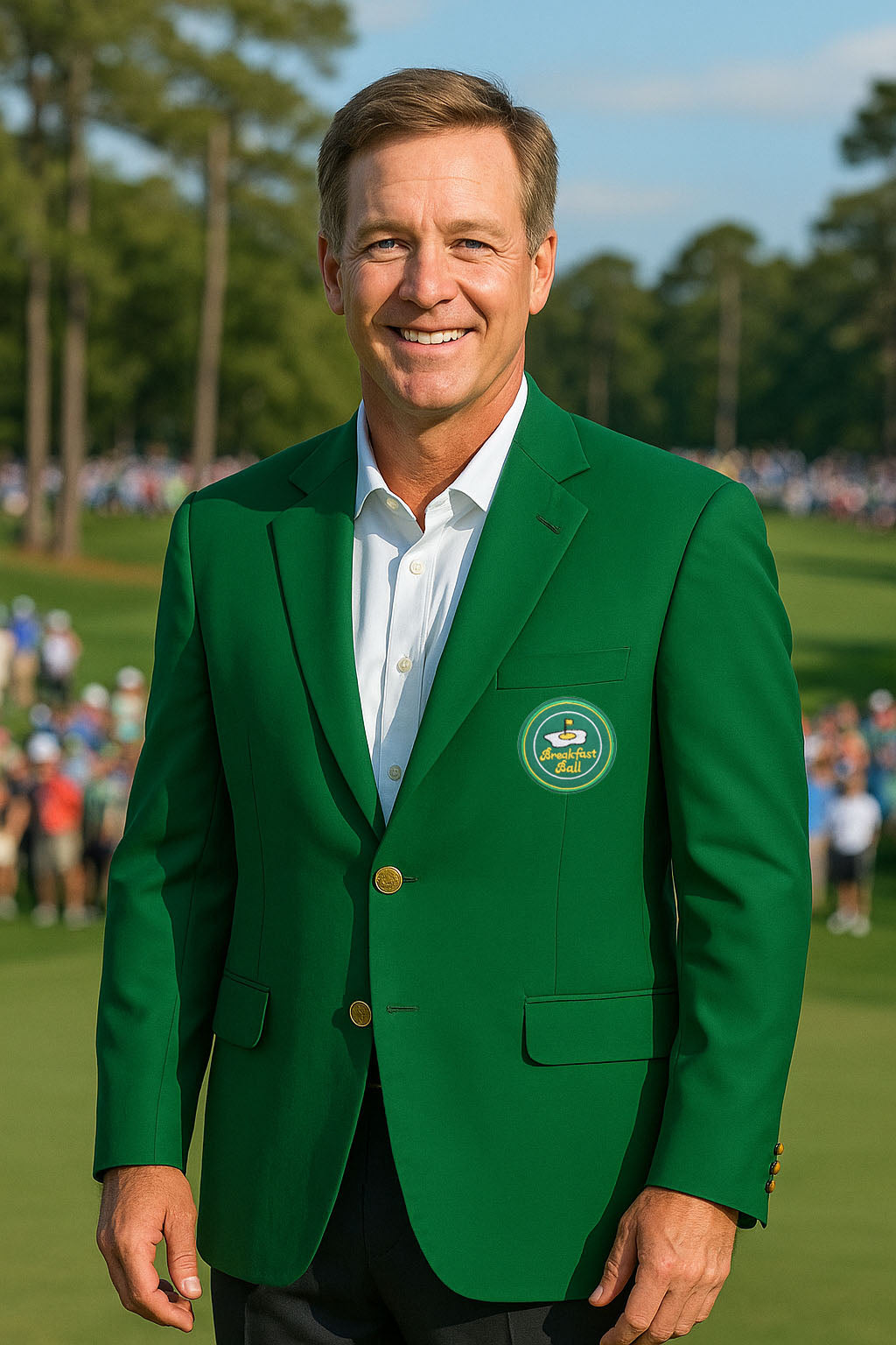 Men's green golf blazer with tournament badge, slim fit, tailored cut, and gold buttons.