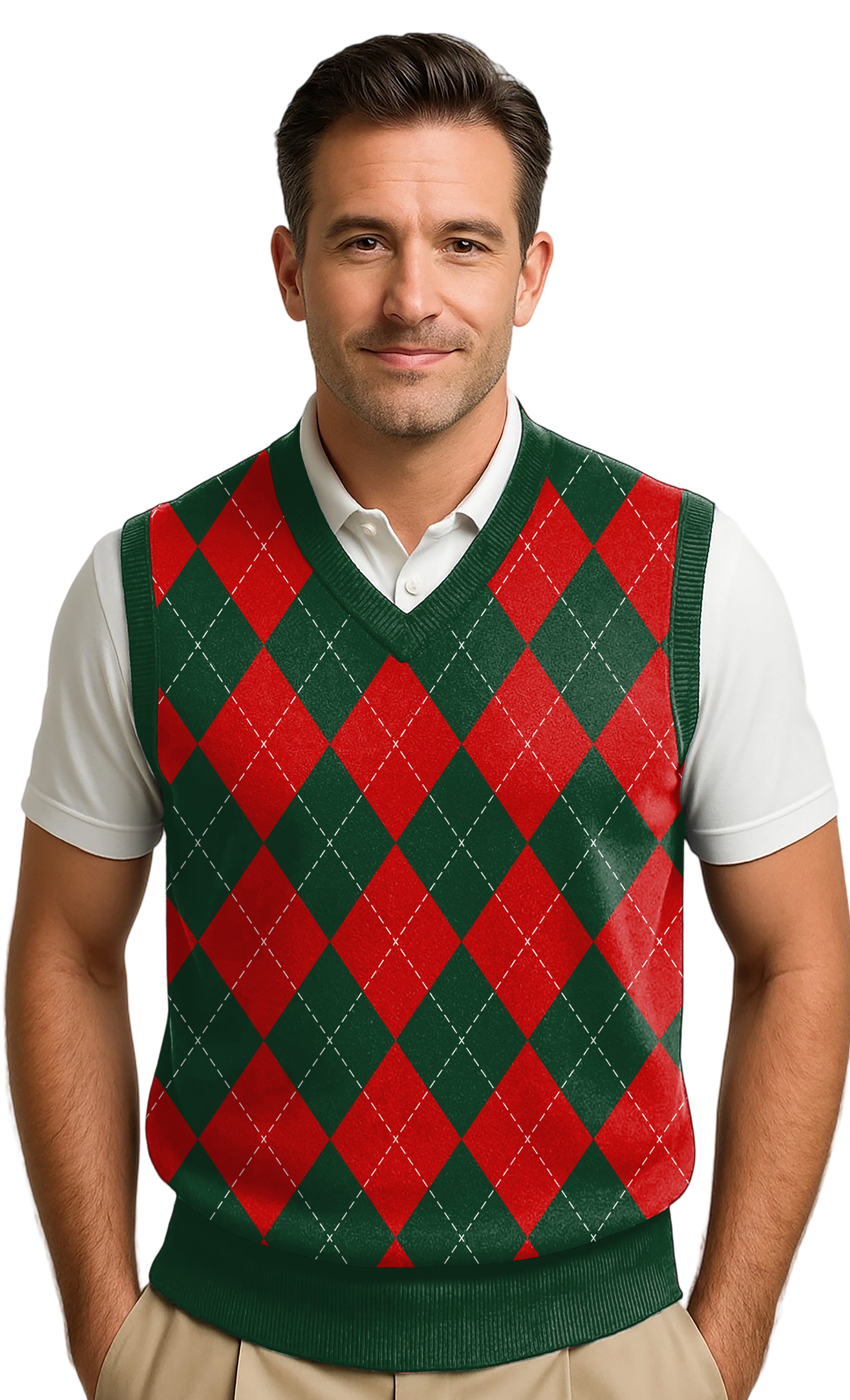 Men's Argyle Wool Sweater Vest - Mens Christmas Green/Red