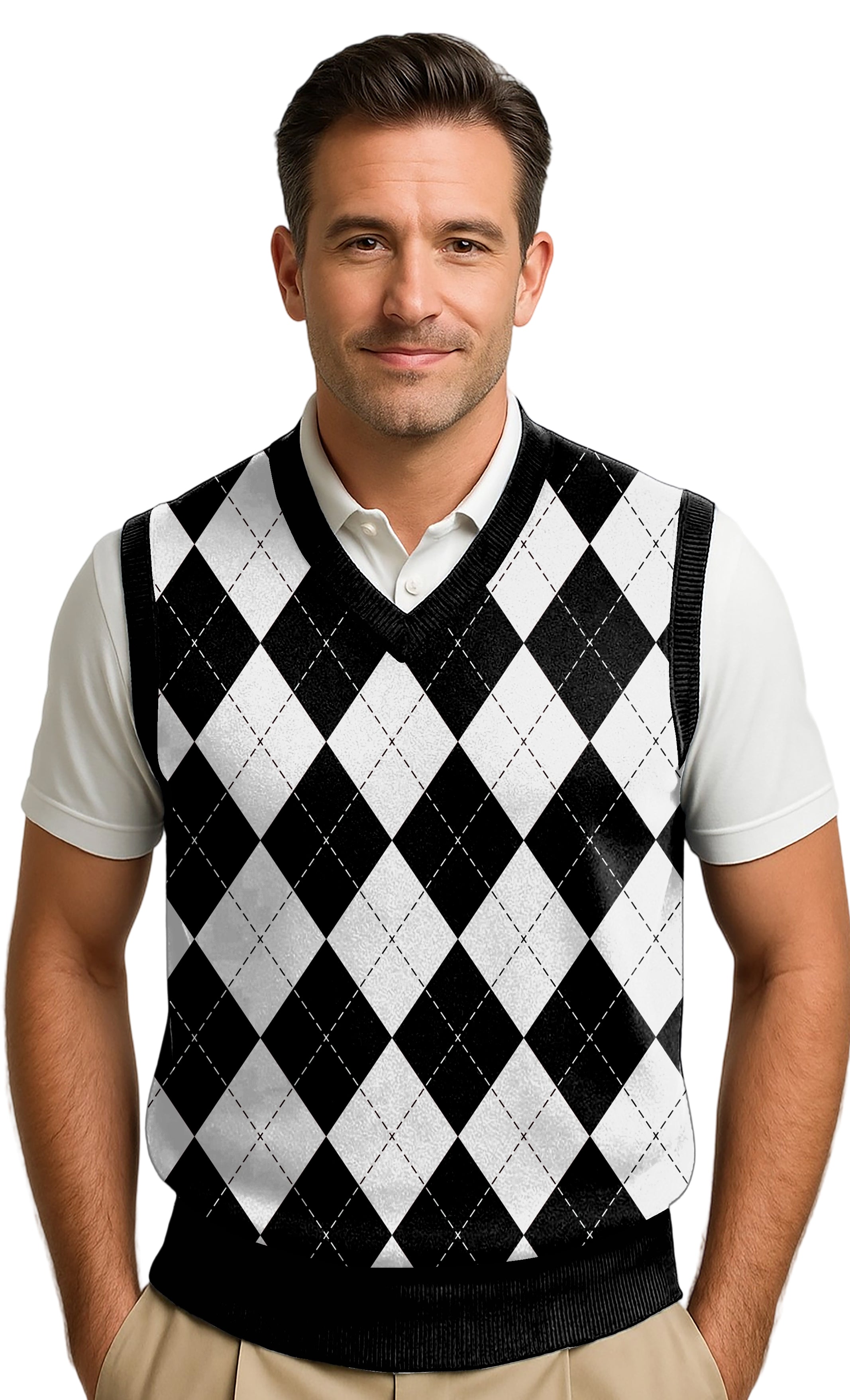 Men's Argyle Wool Sweater Vest - Mens Christmas Black/White
